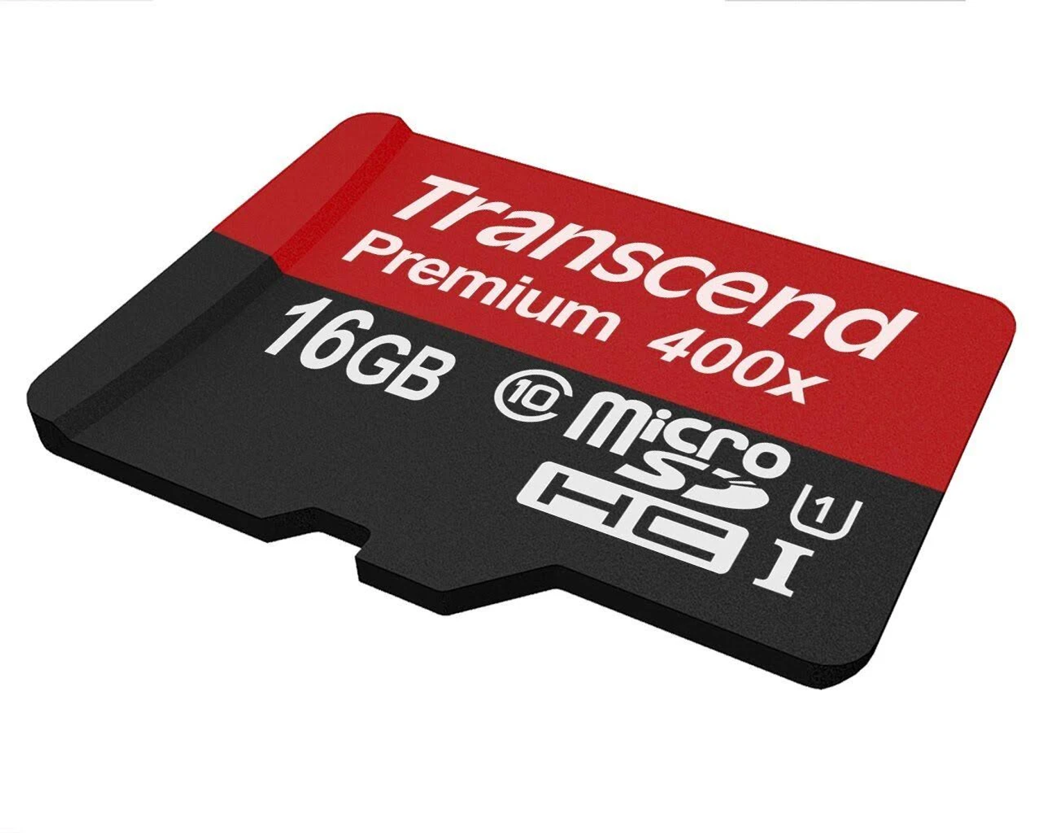 Schwarz-rote 16GB microSD-Karte mit 'Transcend Premium' und '400x'-Aufdruck.