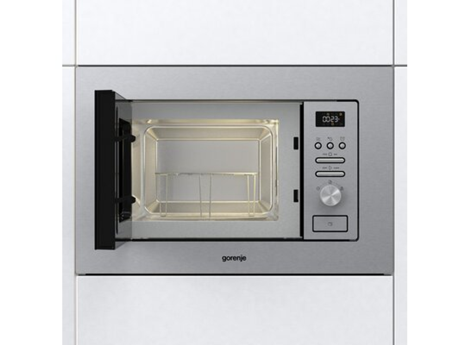 Un horno microondas empotrado de acero inoxidable, puerta abierta, mostrando el interior.