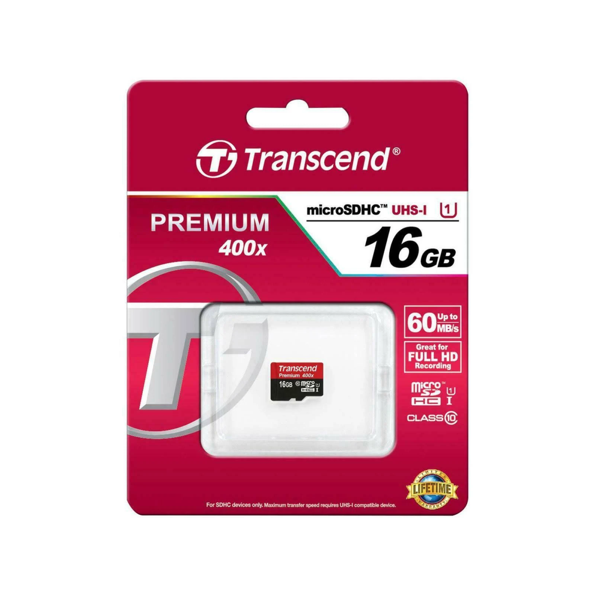 Eine Transcend microSD-Kartenverpackung, rot und weiß, mit einer Karte darin.