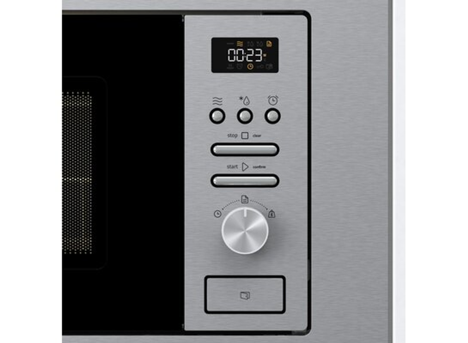 Panel de control de microondas con pantalla digital, botones y un dial.