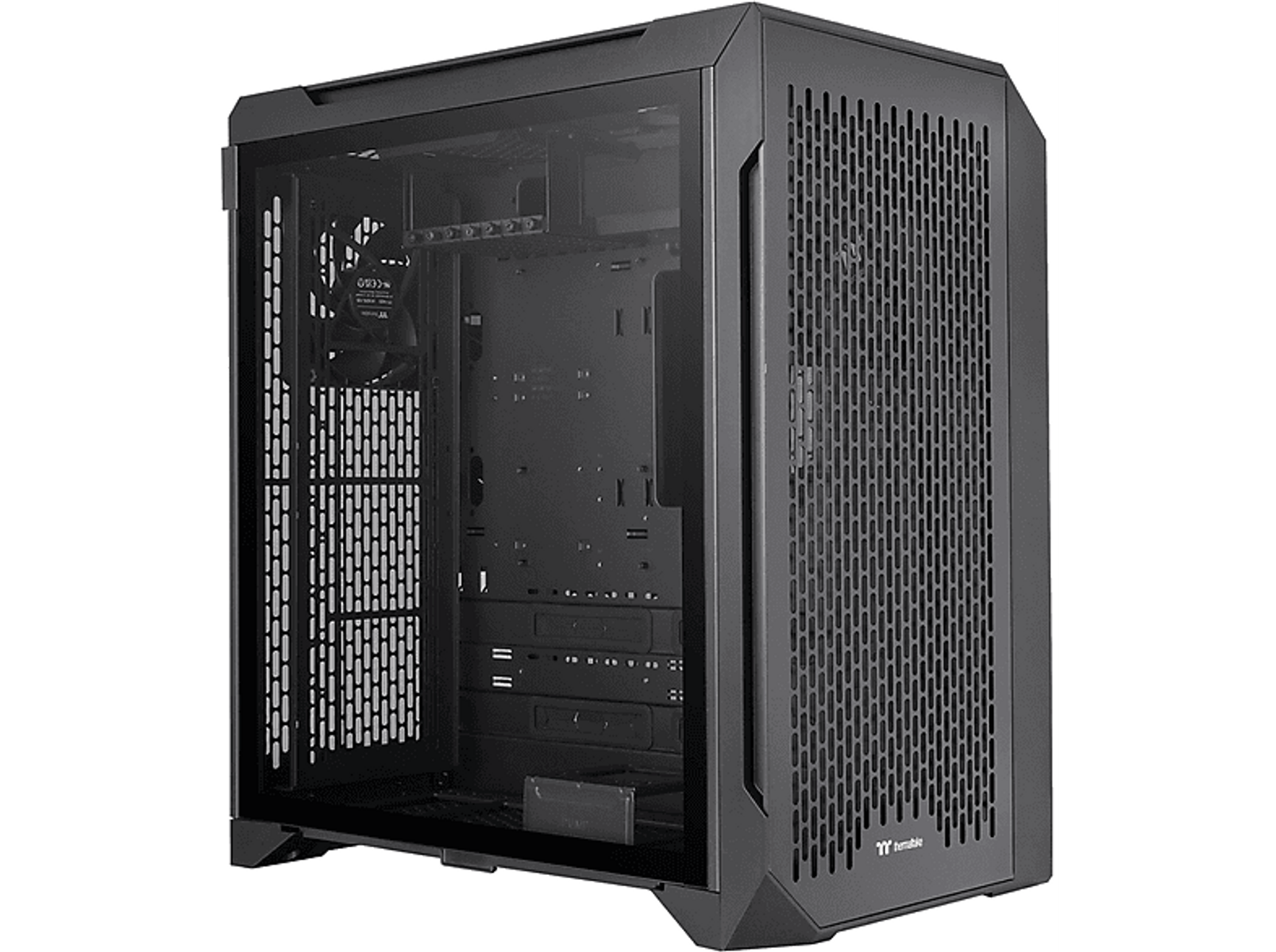 Case per computer nero Thermaltake con pannello laterale in vetro e frontale a rete. Sfondo scuro.