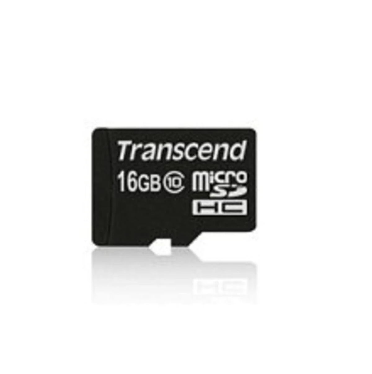 Schwarze Transcend 16GB Micro-SD-Karte. Weißer Text. Weißer Hintergrund.