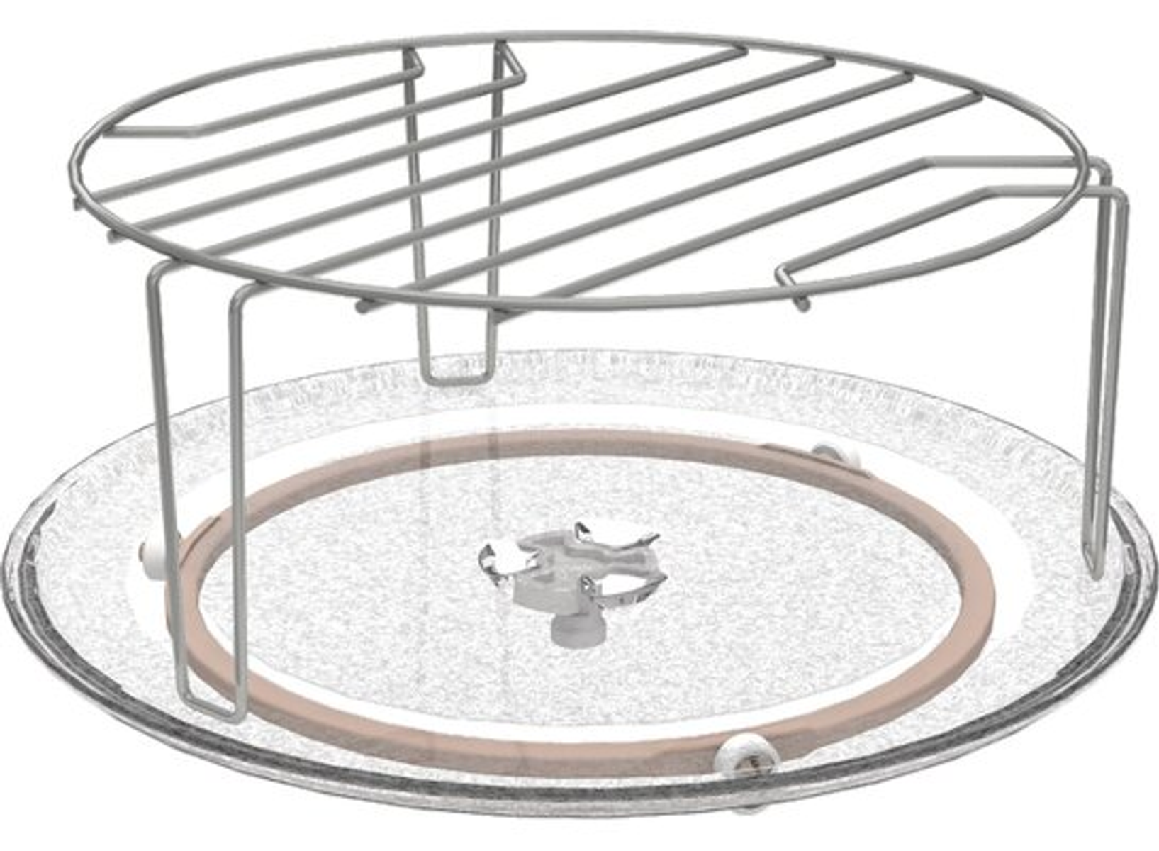 Una rejilla para horno microondas. Es una rejilla de metal con un plato de vidrio circular debajo.