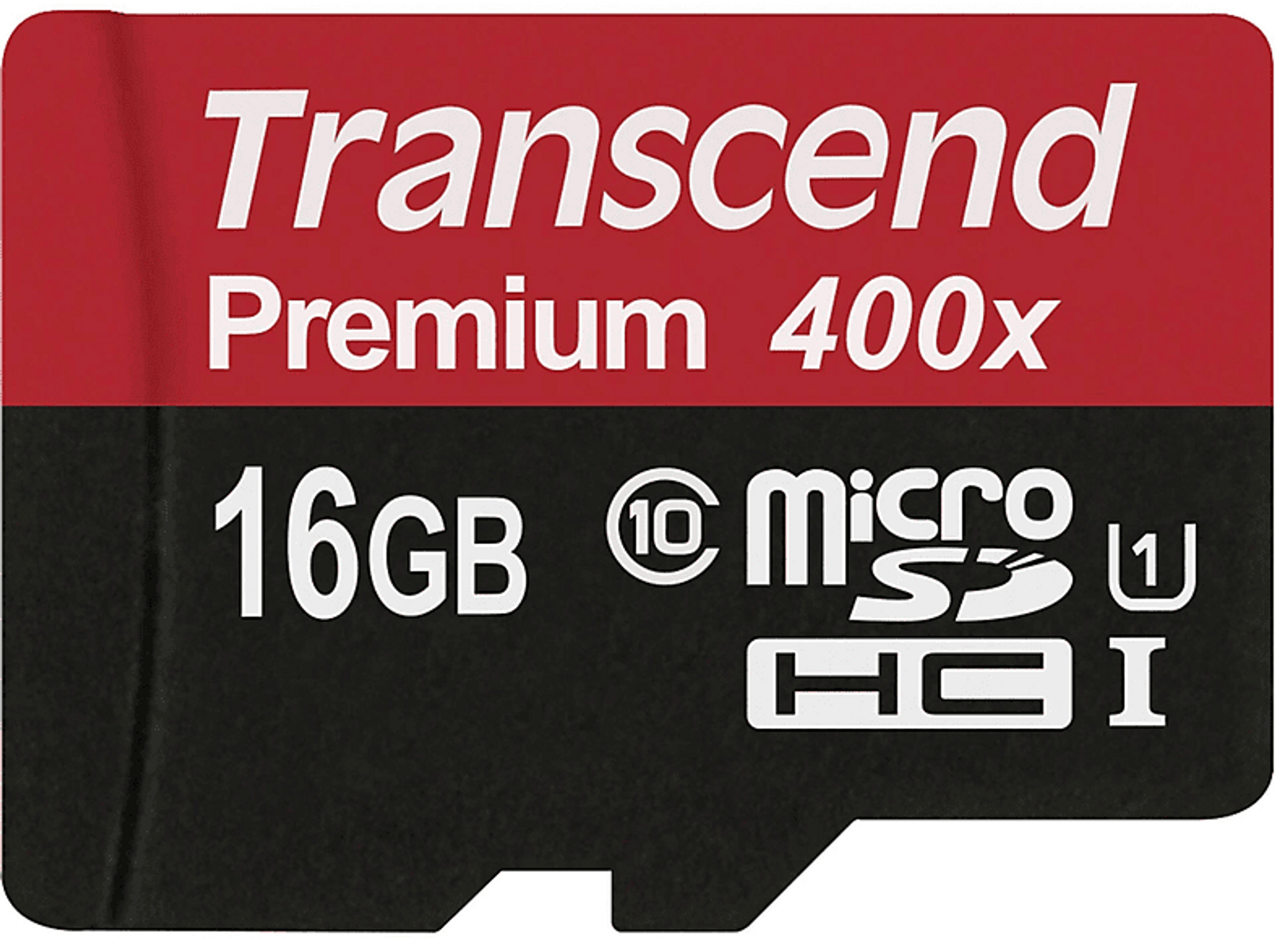 Eine schwarze und rote Speicherkarte mit Text. Sie lautet 'Transcend Premium 400x 16GB'.