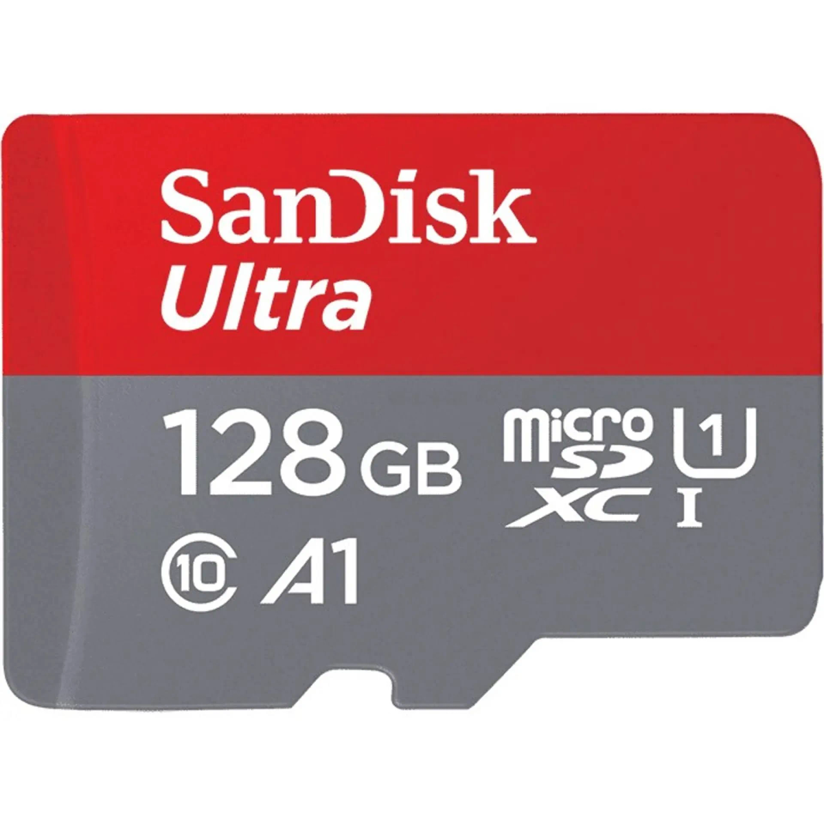 Czerwono-szara karta microSD SanDisk Ultra z białym tekstem.