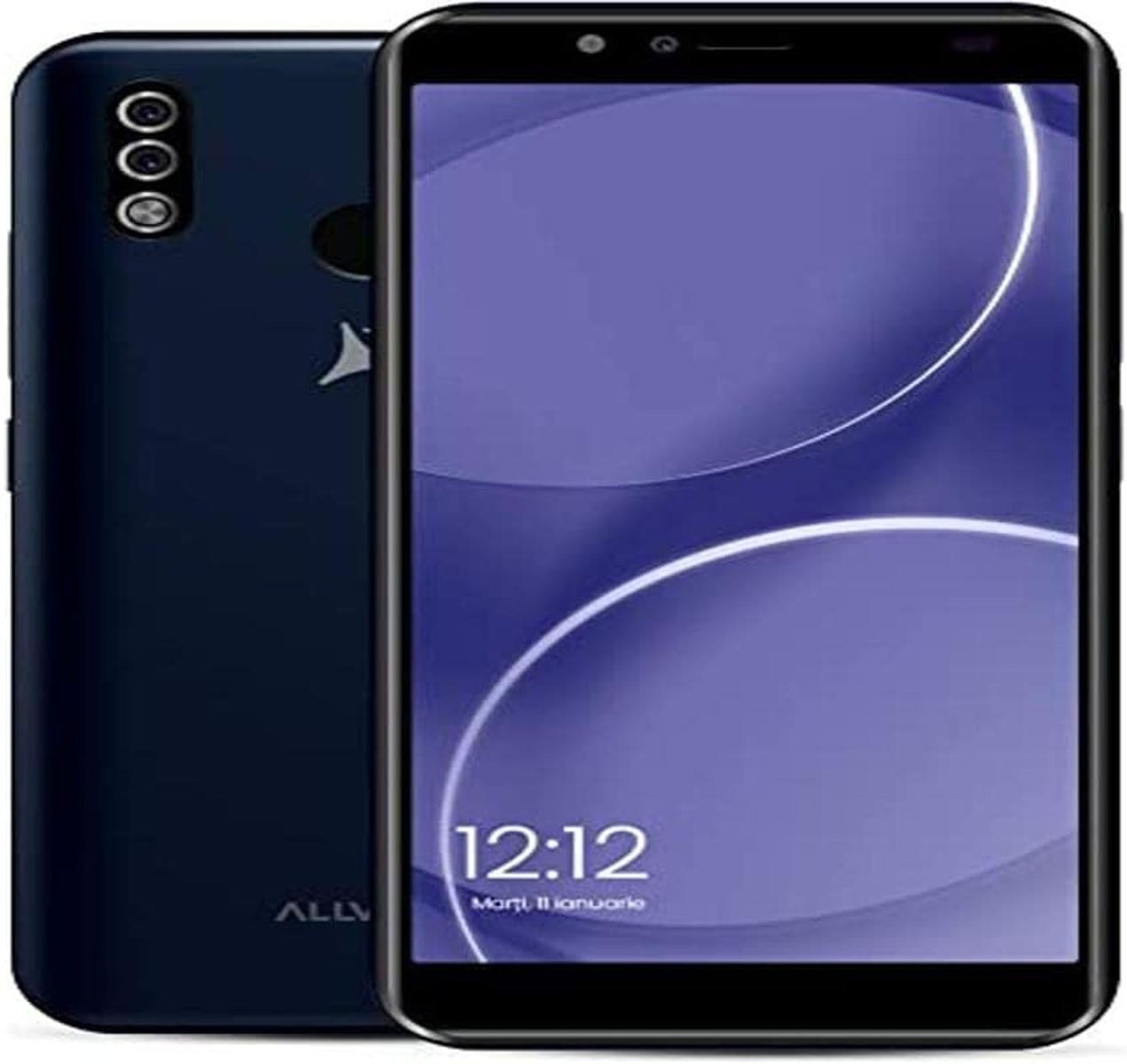 Smartphone blu scuro, con tre fotocamere posteriori e l'ora sullo schermo.