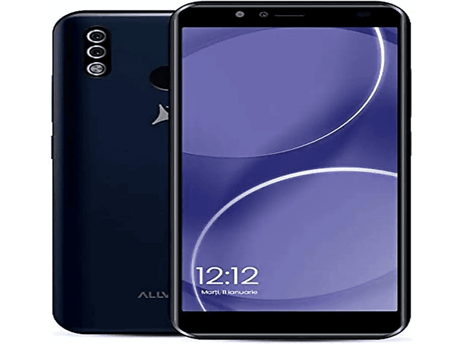 Smartphone nero con più fotocamere sul retro e display viola che mostra 12:12.