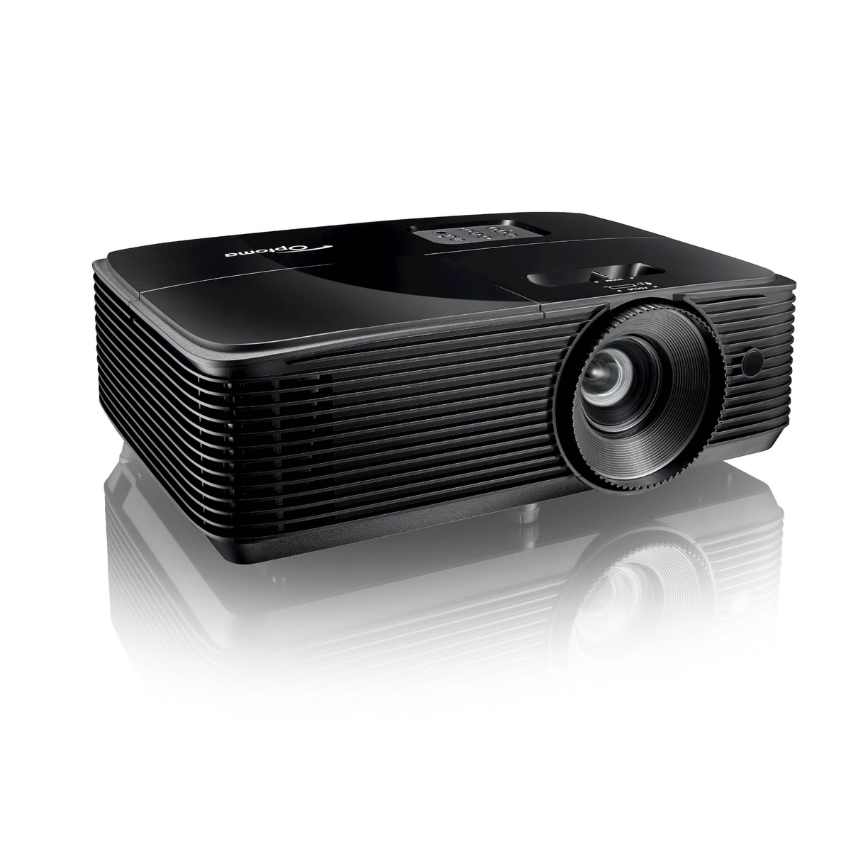 Proiettore Optoma nero con lente ed esterno a coste.