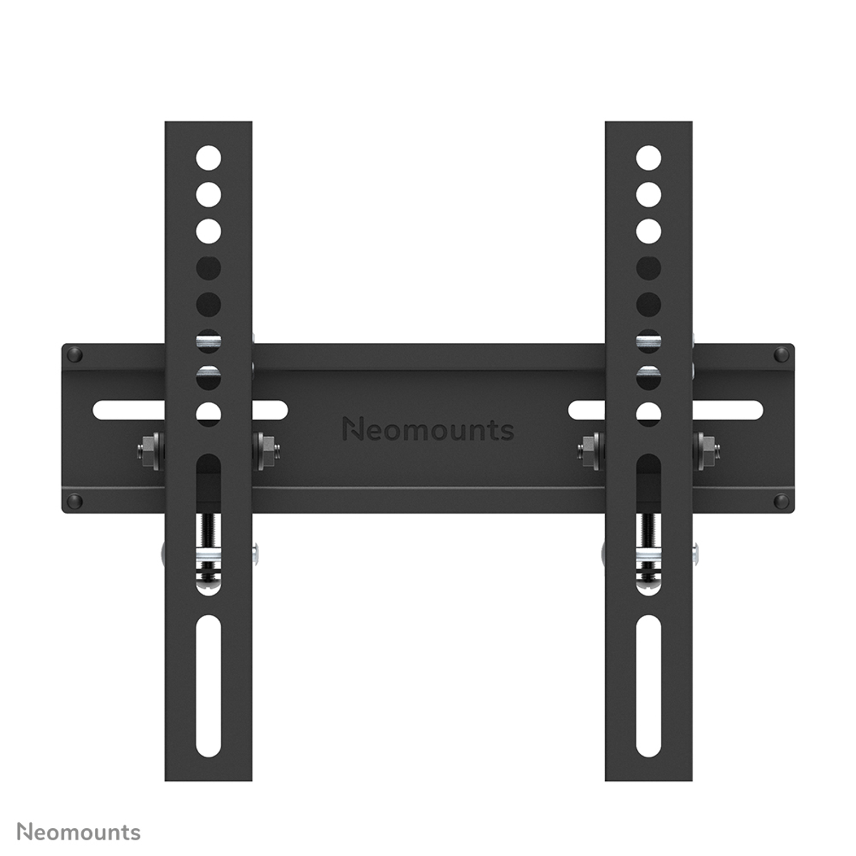 Soporte de TV de metal negro. Incluye agujeros y pernos. Fondo blanco.