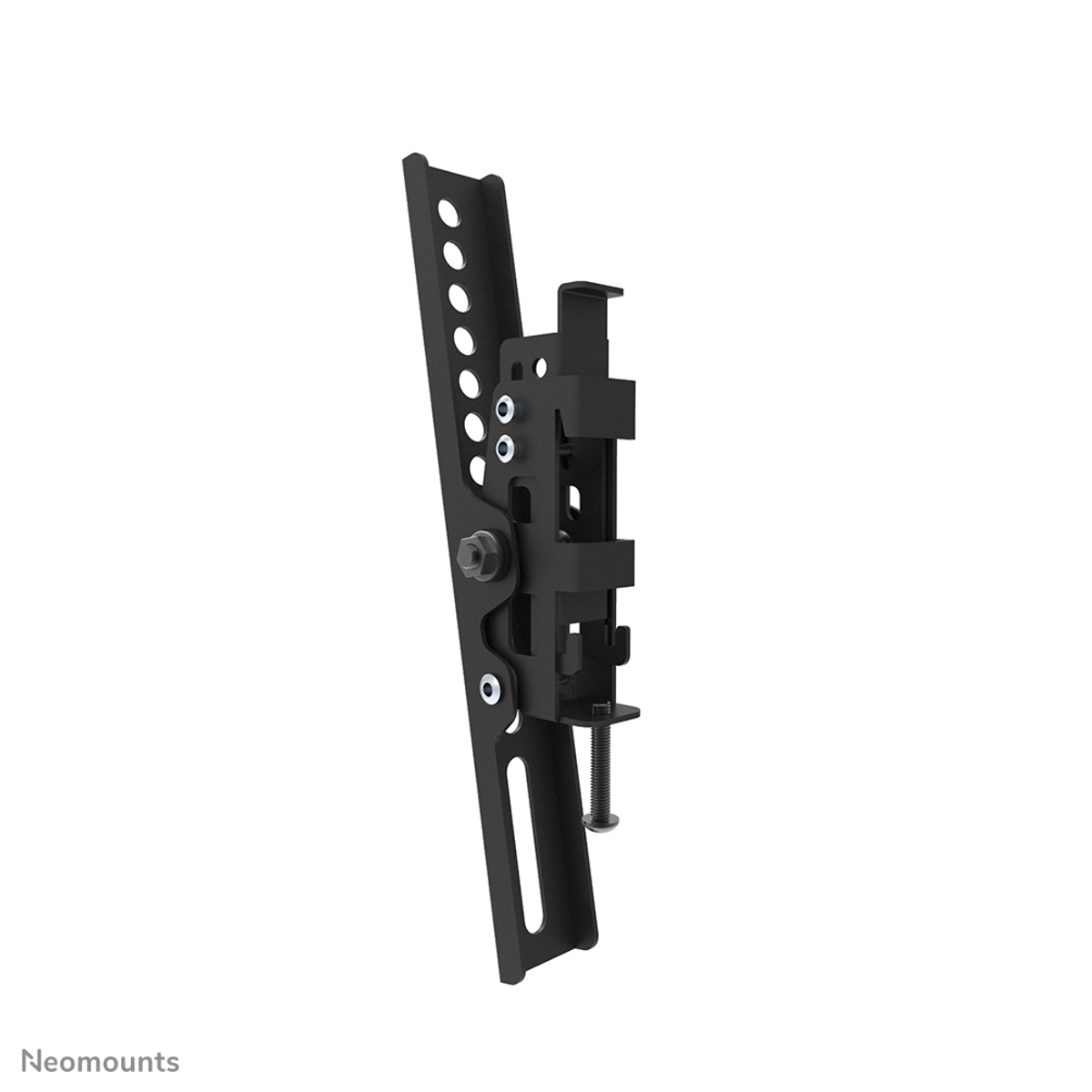 Soporte de pared para TV negro con brazo ajustable y múltiples orificios.