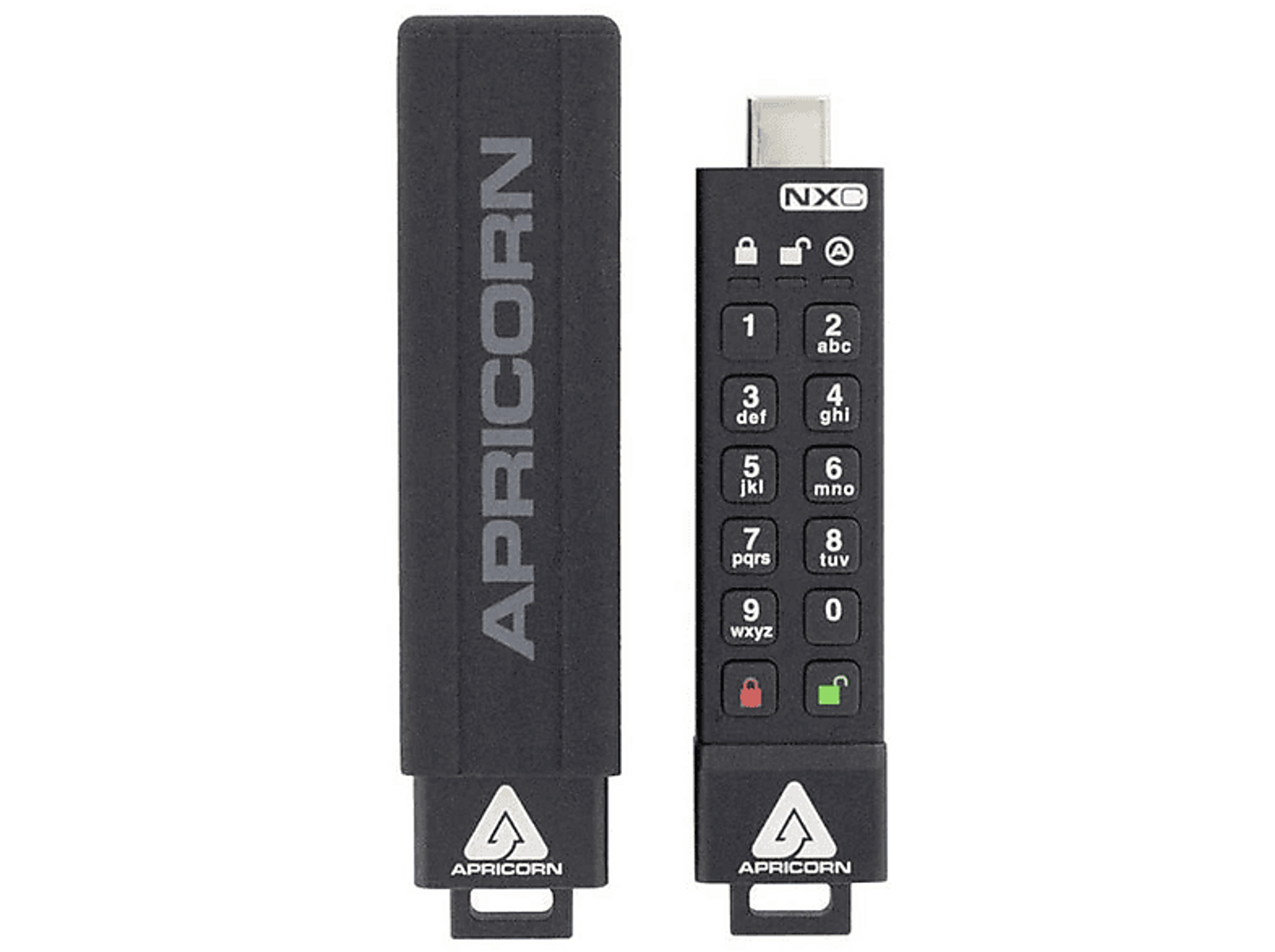 Twee zwarte Apricorn USB-drives, één met toetsenbord.