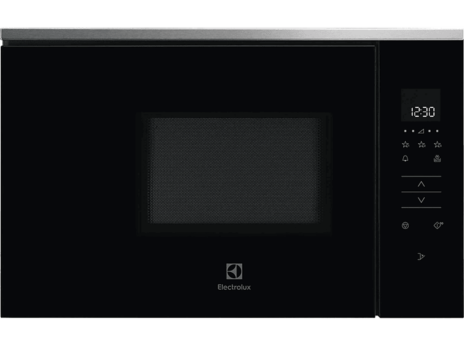 Czarna kuchenka mikrofalowa Electrolux z wyświetlaczem cyfrowym 12:30 i panelem sterowania.
