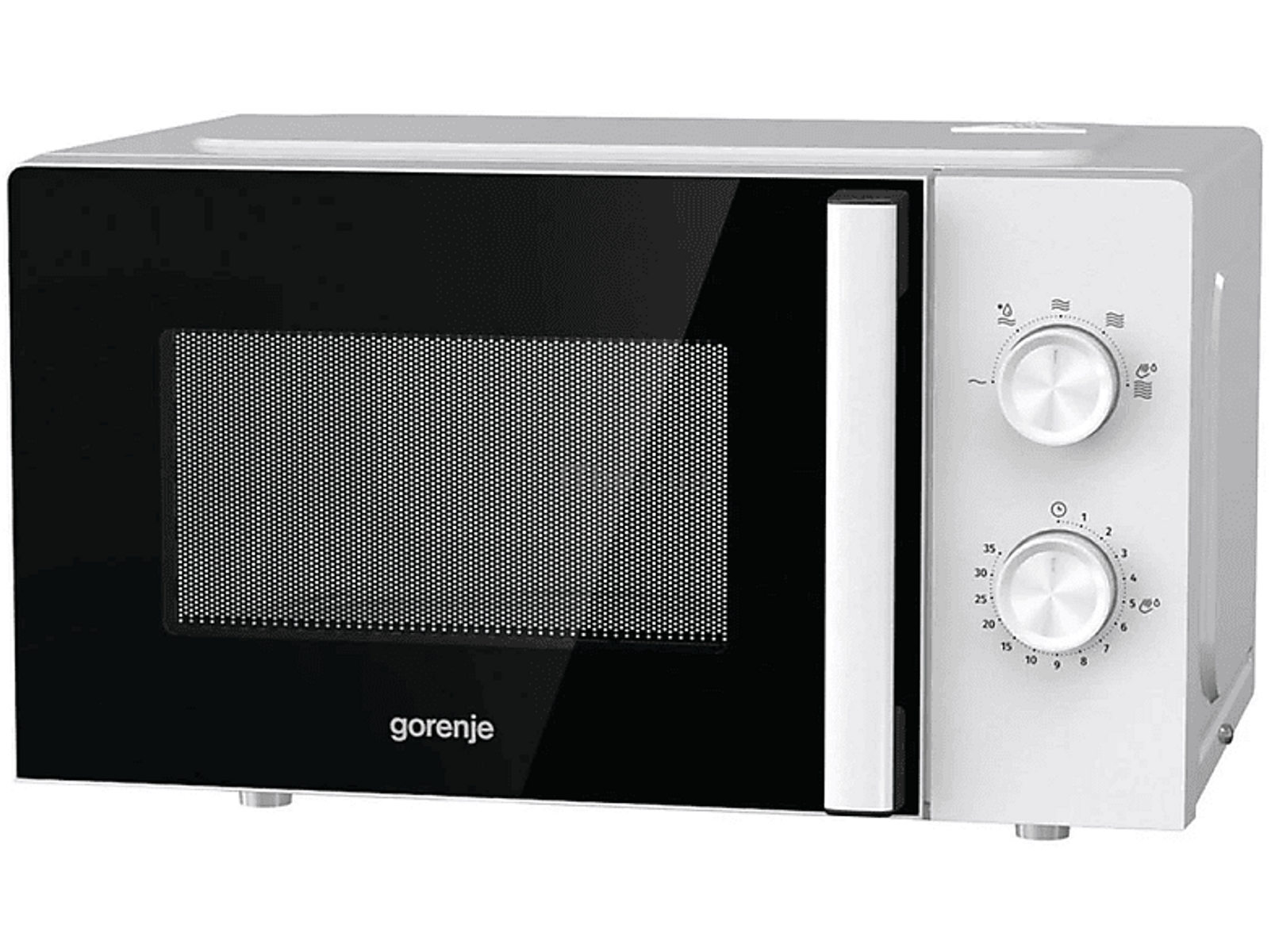 Biała kuchenka mikrofalowa z czarnymi drzwiami i pokrętłami, widoczne logo Gorenje.