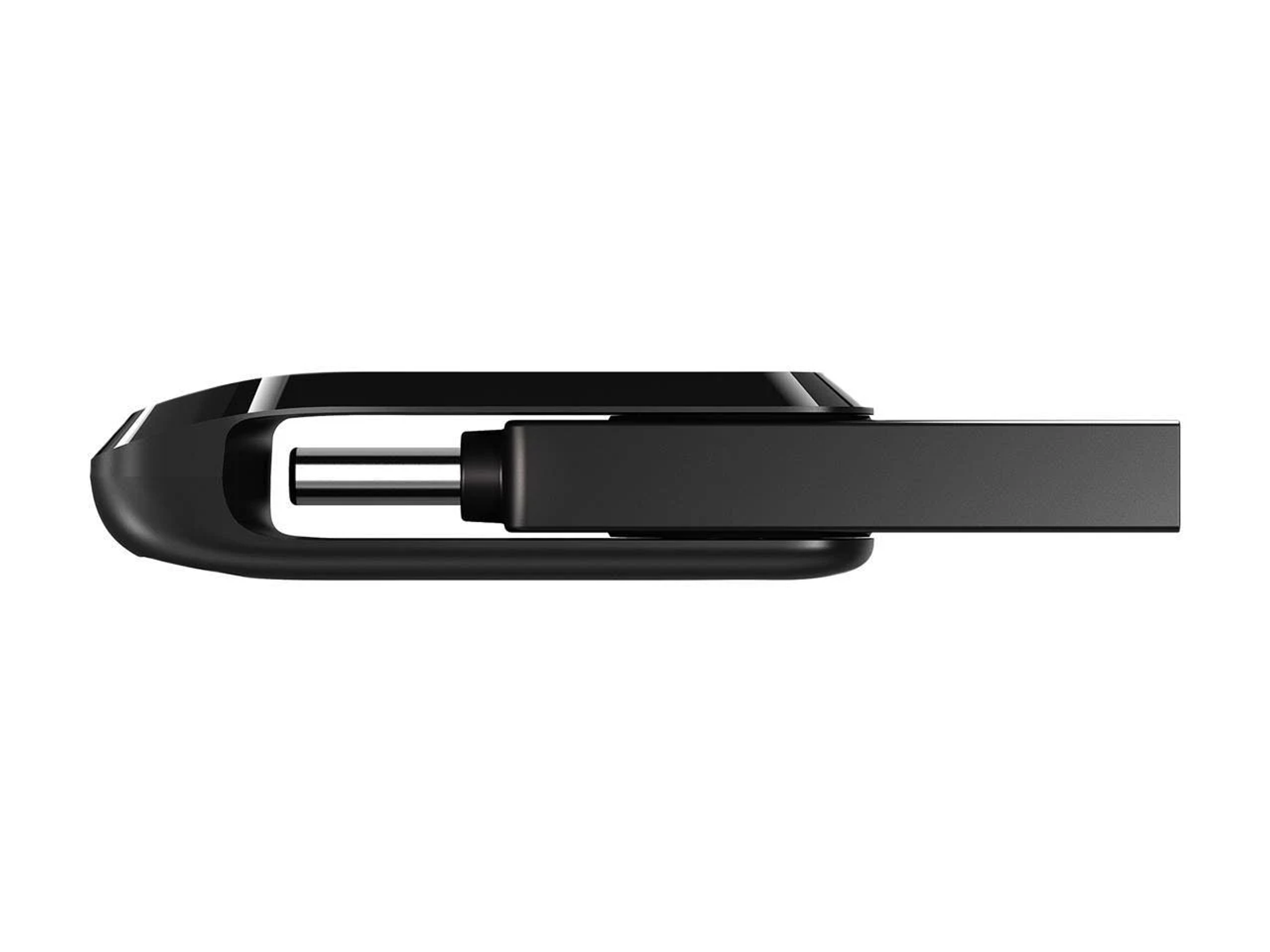 Black USB drive, top view, with connector exposed.