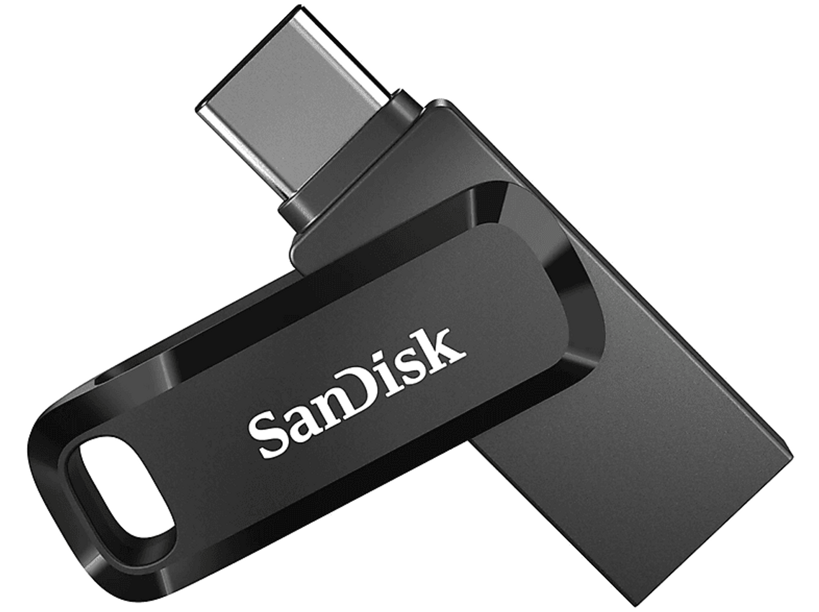 Black SanDisk USB flash drive. The drive has a silver metal connector. White background.