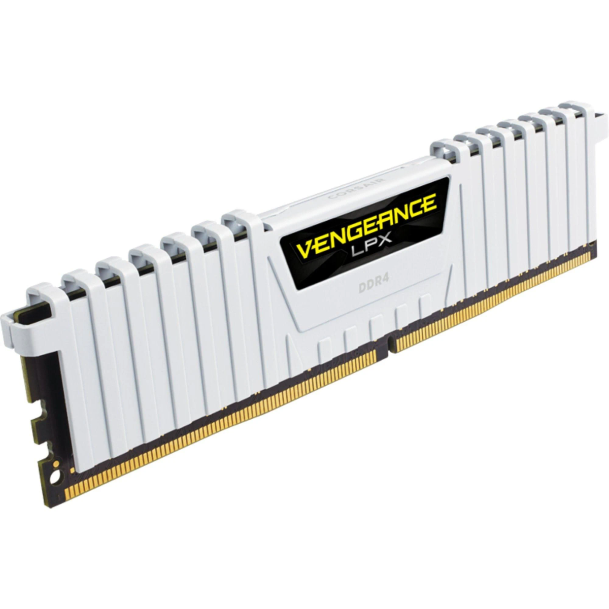 Módulo de memoria RAM Corsair Vengeance LPX DDR4 blanco. Tiene una etiqueta negra y amarilla.