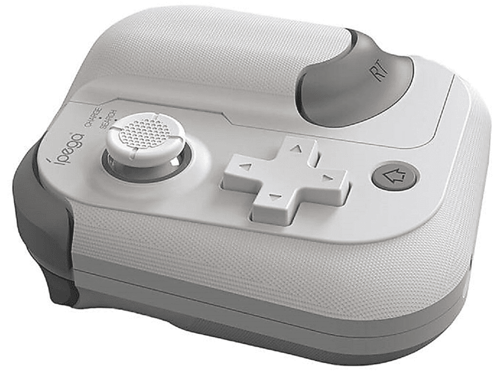 Weißer und grauer Gamecontroller mit Knöpfen. Weißer Hintergrund.