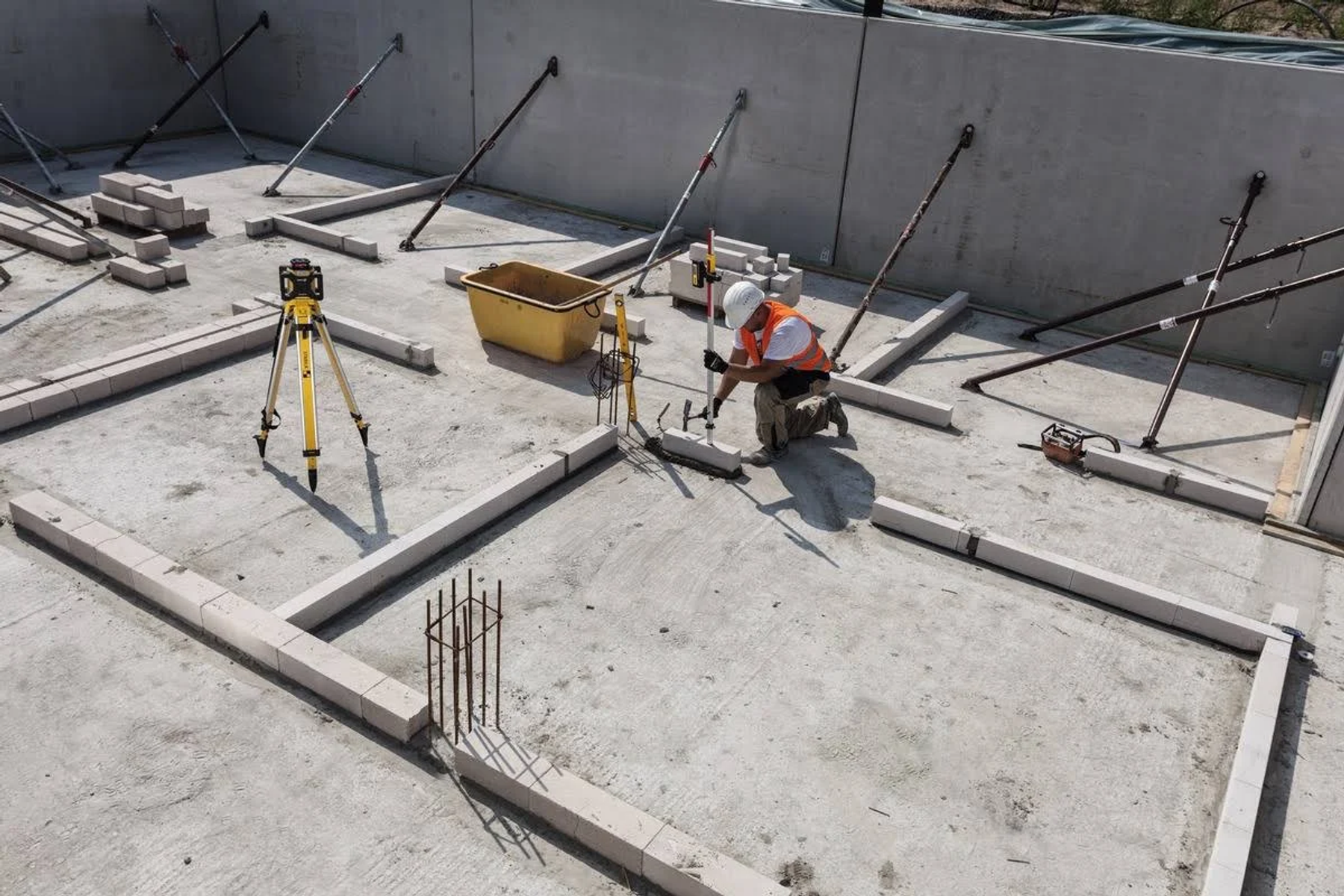 Cantiere: operaio applica malta, attrezzi visibili.