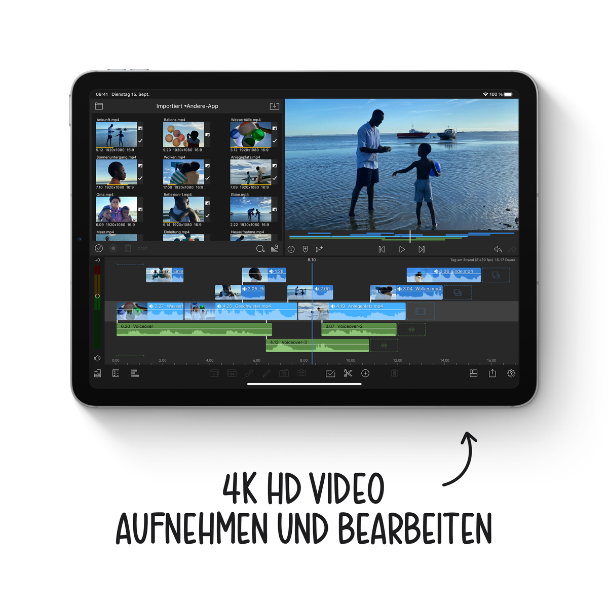 Ekran iPada z interfejsem edycji wideo. Tekst brzmi: 4K HD VIDEO AUFNEHMEN UND BEARBEITEN.