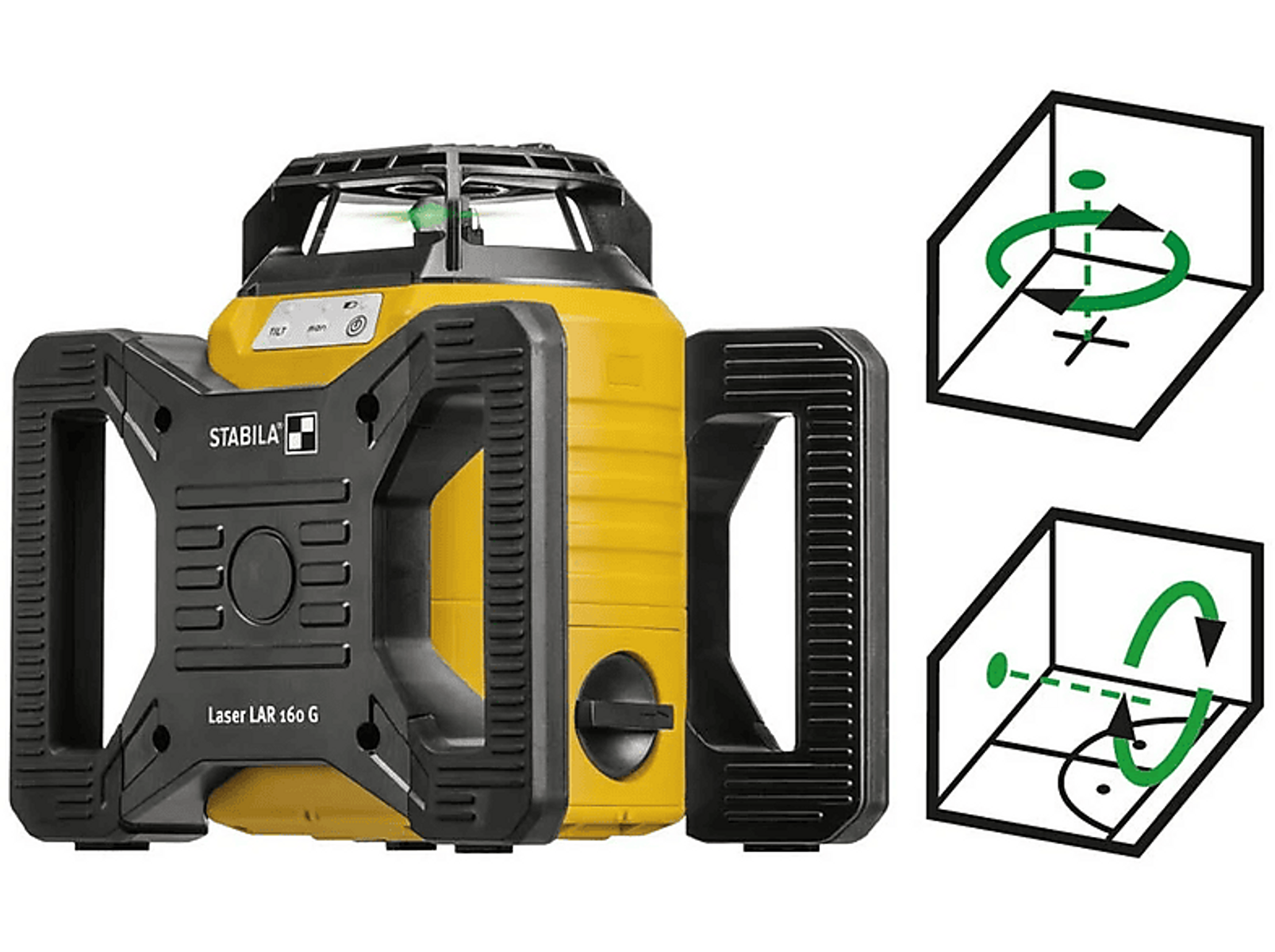 Livella laser giallo e nero con diagrammi che mostrano le proiezioni di livellamento.