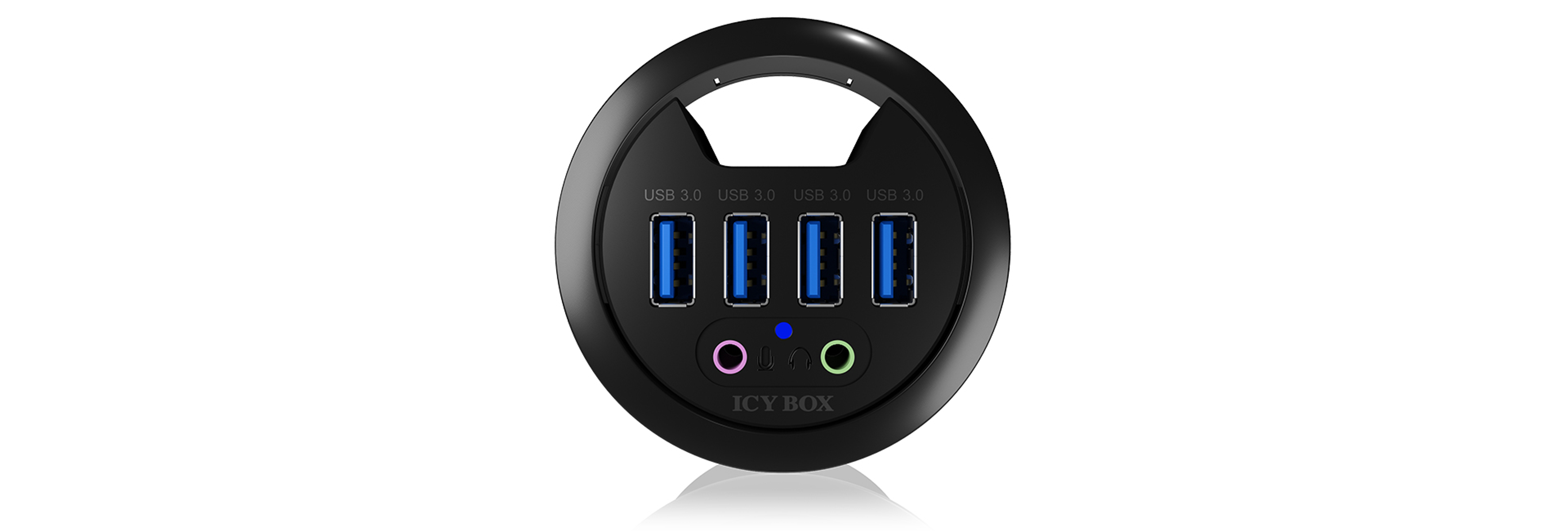 Schwarzer USB-Hub mit vier USB 3.0-Anschlüssen und Audioanschlüssen. Marke: ICY BOX.
