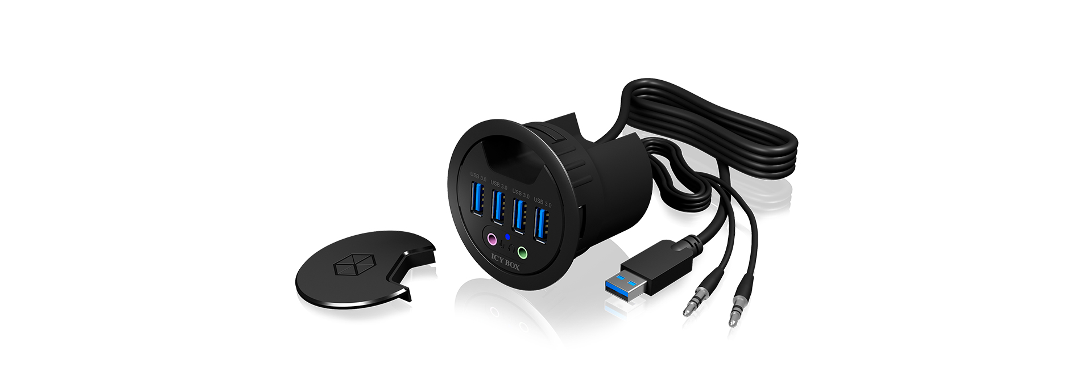 Schwarzer USB-Hub mit vier blauen USB-Anschlüssen und Audioanschlüssen. Schwarze Kappe und Kabel.