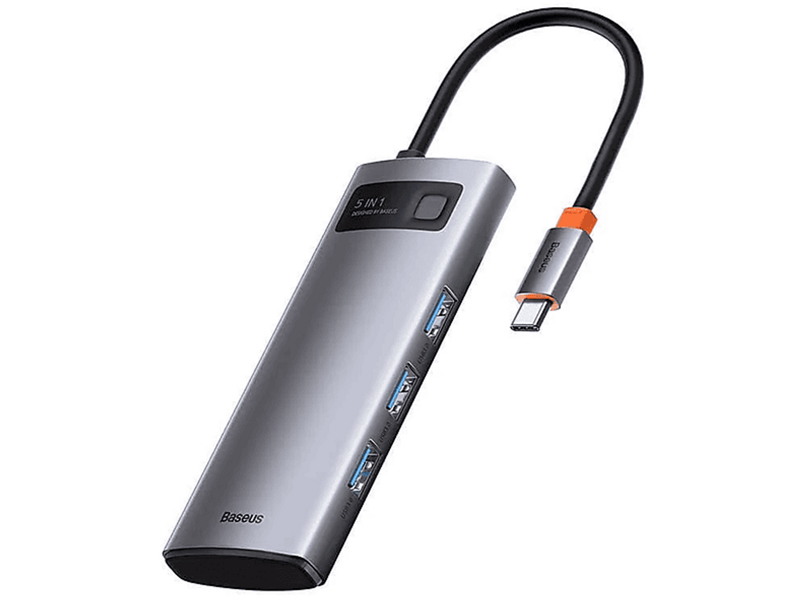 Grauer Baseus USB-Hub mit mehreren Anschlüssen und einem schwarzen Kabel mit orangefarbenem Akzent. USB-C-Anschluss.