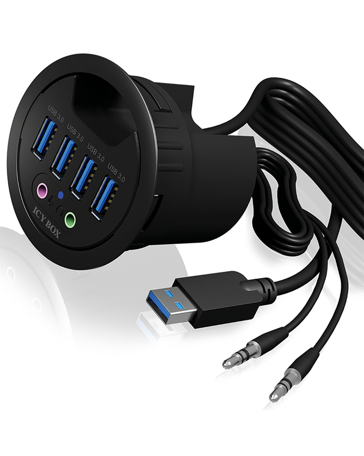 Schwarzer USB-Hub mit 4 USB-Anschlüssen, Audioanschlüssen und Kabeln.
