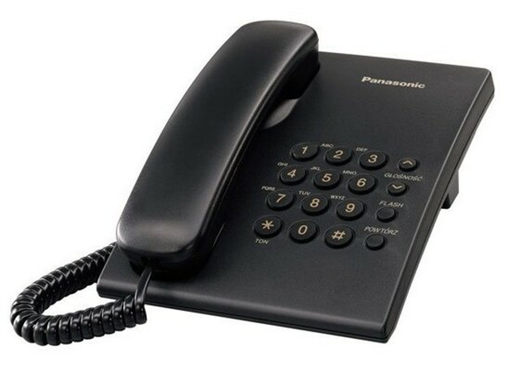 Telefono fisso nero con pulsanti e ricevitore.