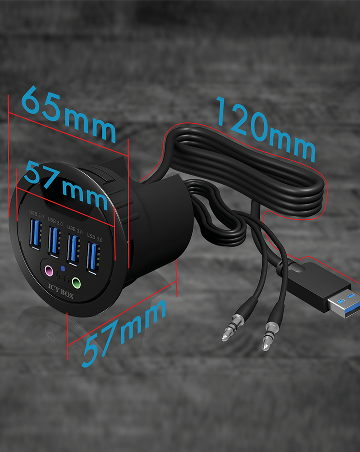 Schwarzer USB-Hub mit mehreren Anschlüssen. USB 3.0 Anschlüsse, Audiobuchsen und ein Kabel.