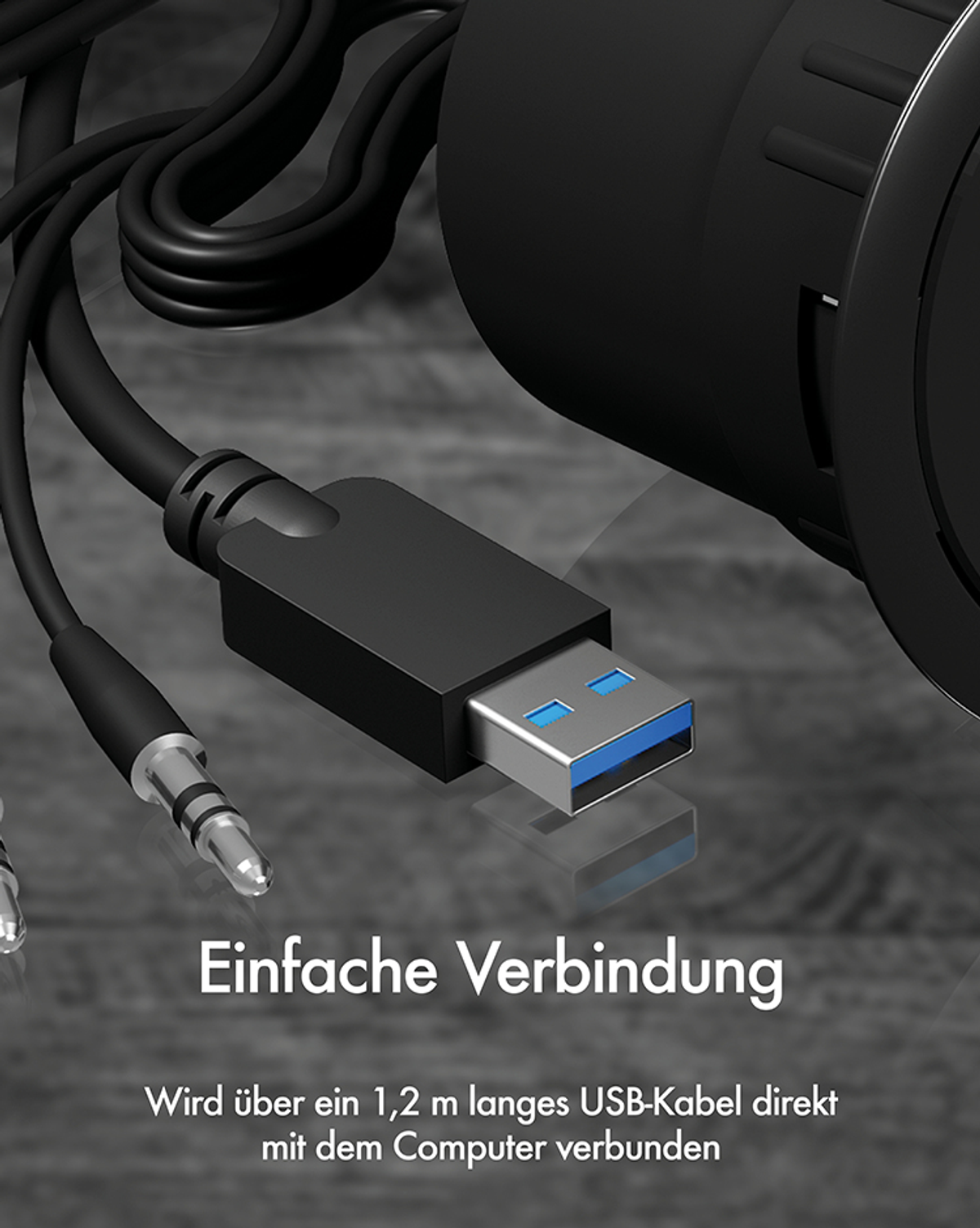 Schwarzes Gerät mit Kabeln und Text 'Einfache Verbindung'. USB-Kabel ist sichtbar.