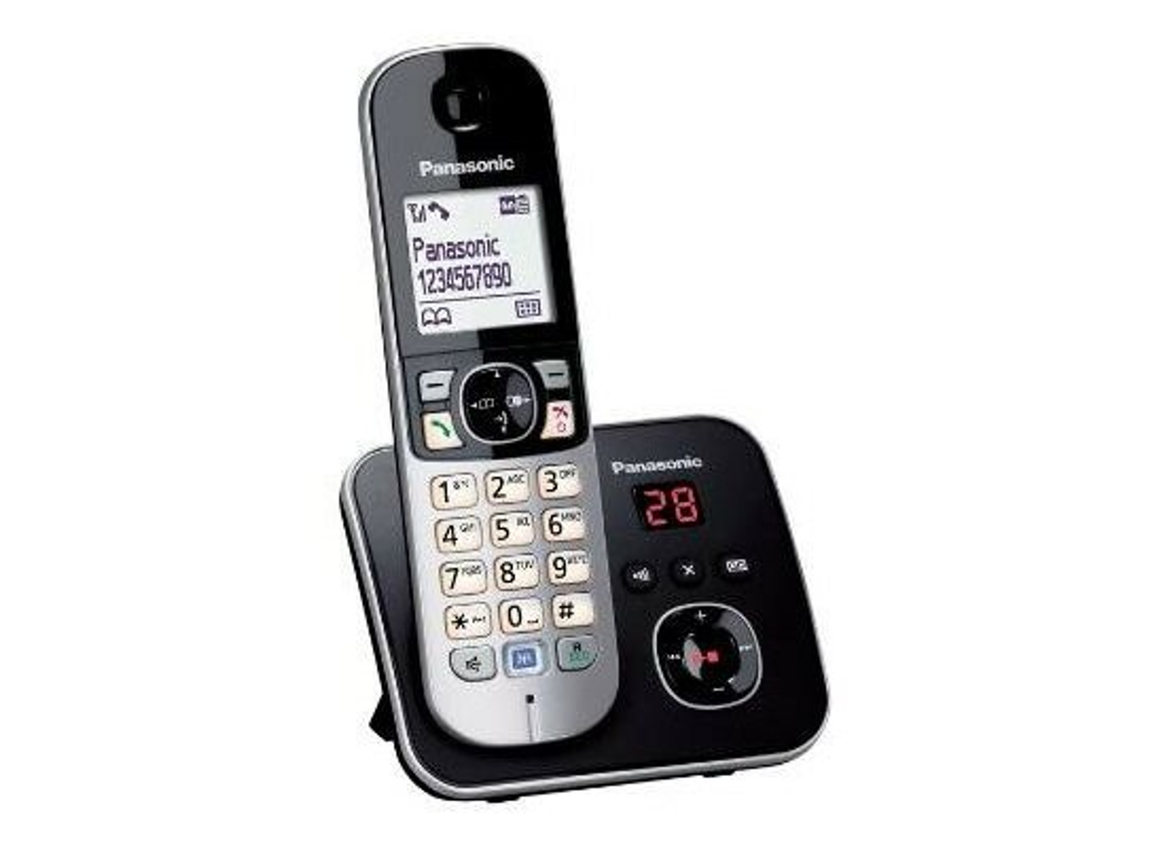 Un telefono Panasonic nero e argento su una base nera con display.