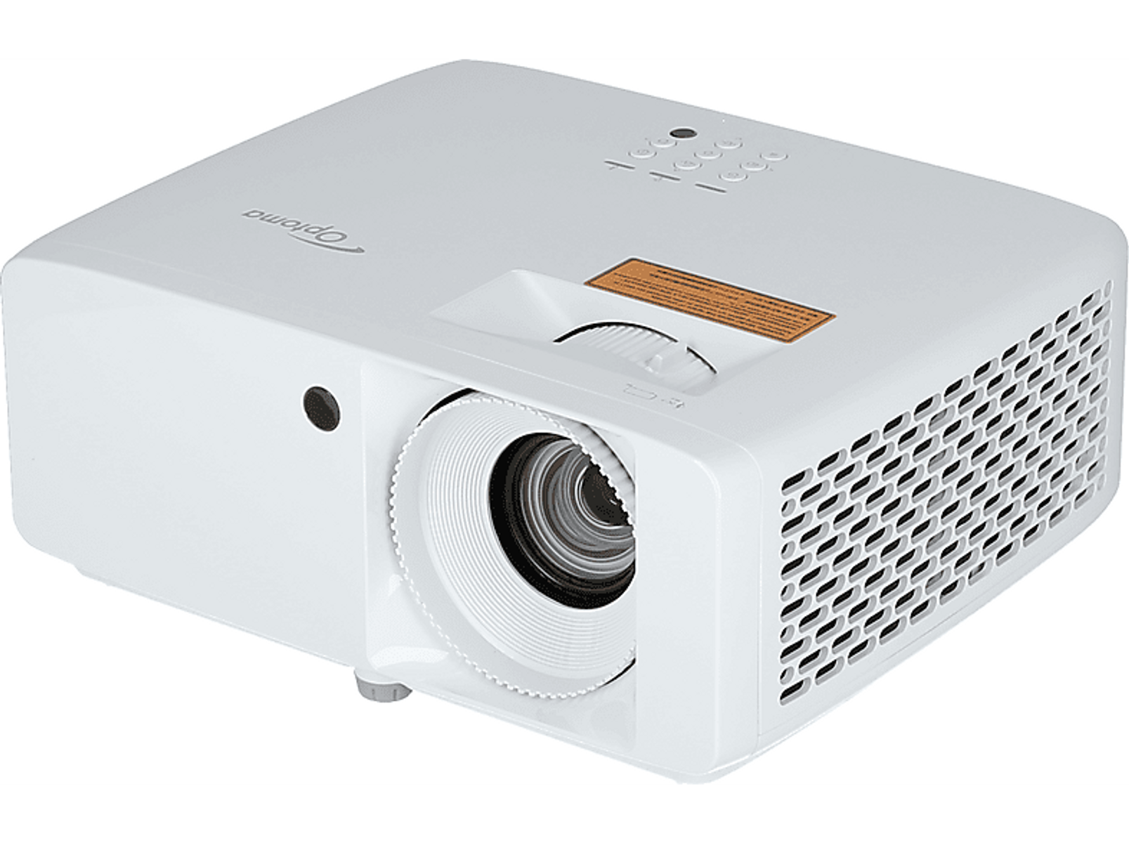 Biały projektor. Obiektyw jest na środku, a góra ma przyciski.