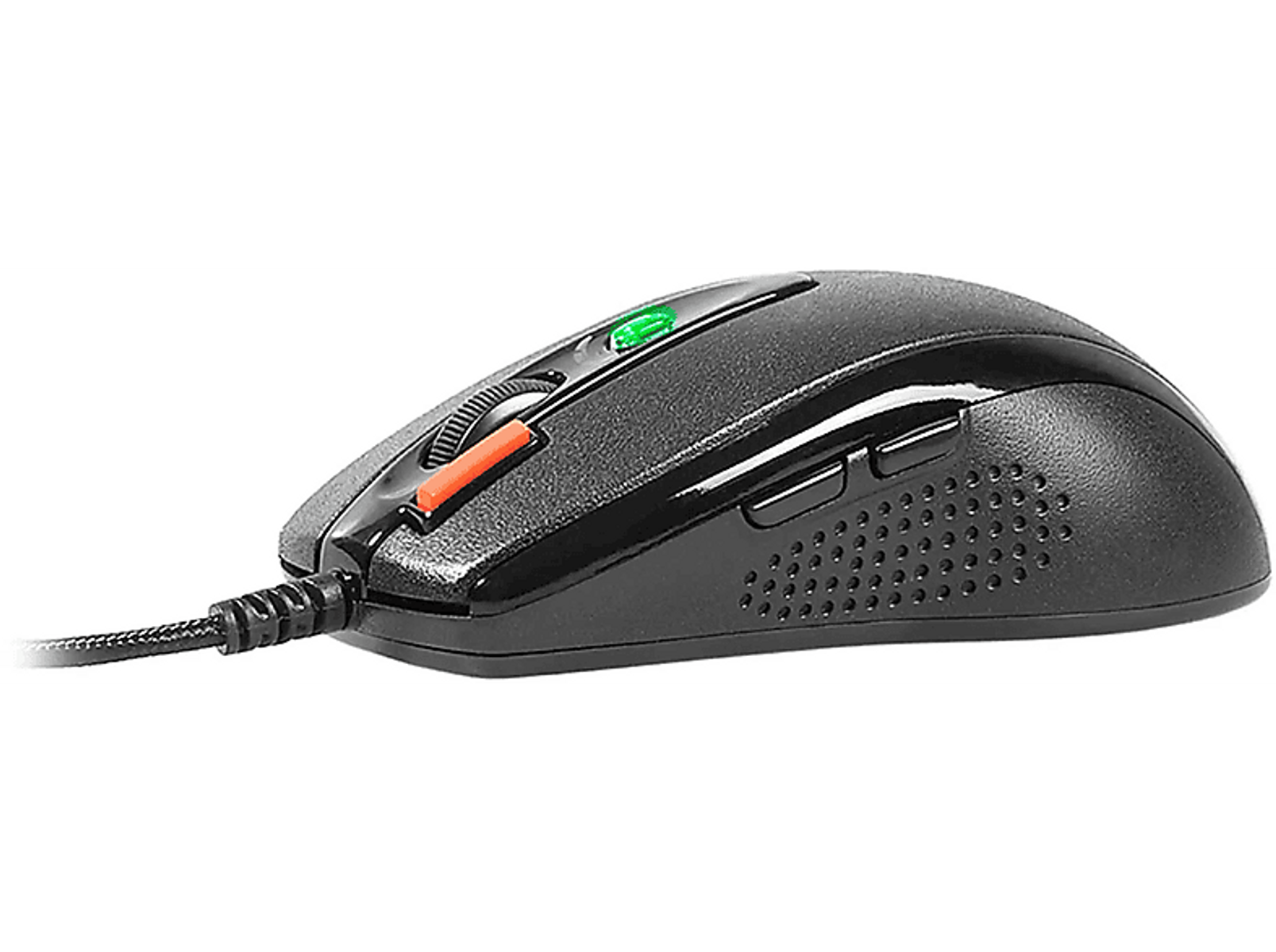 Czarna mysz gamingowa, widok z boku. Pomarańczowe i zielone przyciski, kółko przewijania. Czarny kabel.