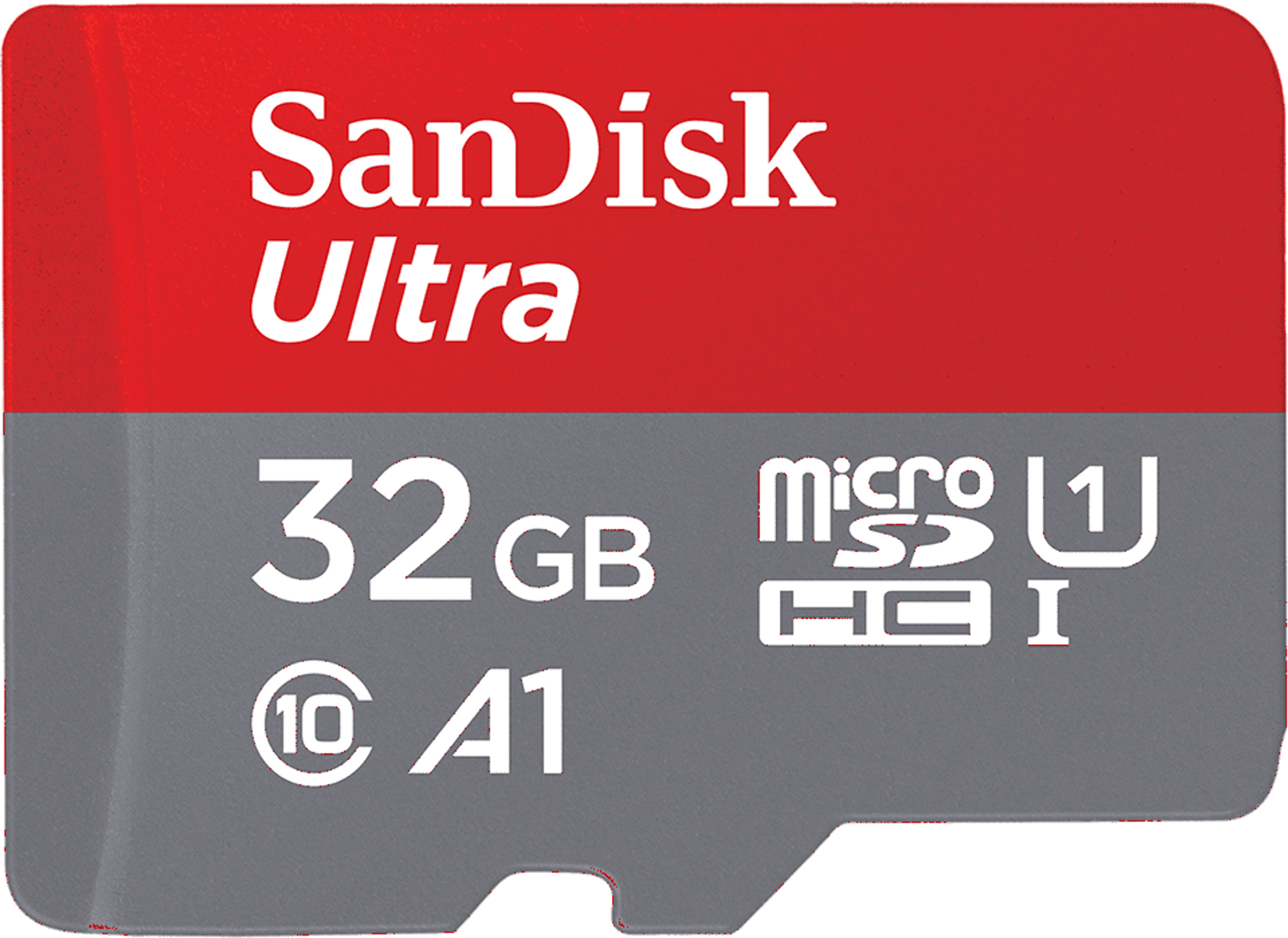 Eine rote und graue SanDisk Ultra Micro SD-Karte mit Text- und Logodetails.