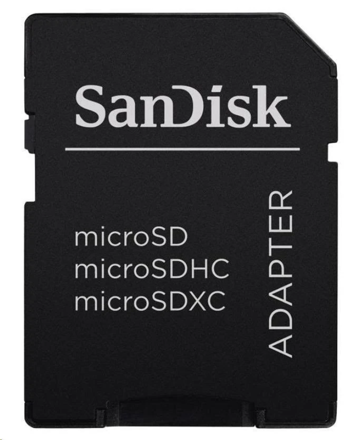Schwarzer SD-Kartenadapter mit Text. Weißer Hintergrund.