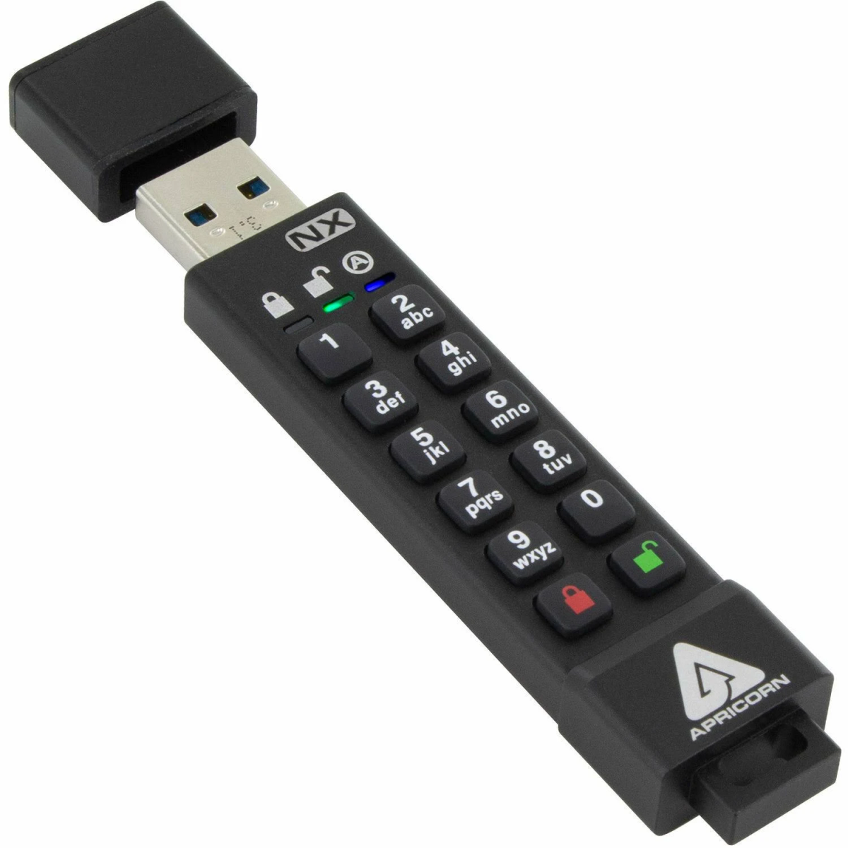 Un'unità USB nera con tastierino. Ha un cappuccio e il marchio Apricorn è visibile.