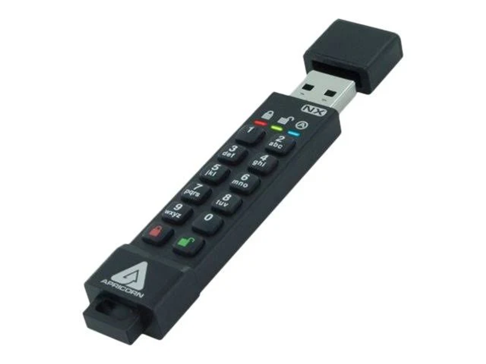 Chiavetta USB nera con tastierino e connettore USB. Numeri 0-9 e altri simboli visibili.