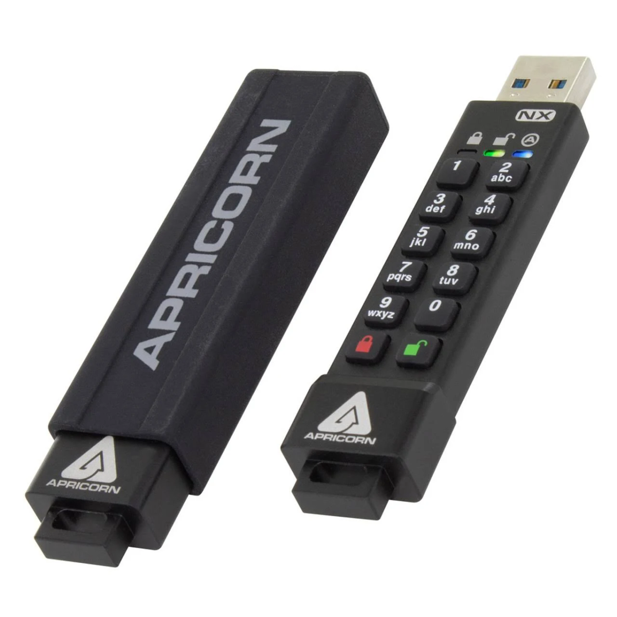 Due chiavette USB nere. Una è etichettata APRICORN, l'altra ha un tastierino e un connettore USB.