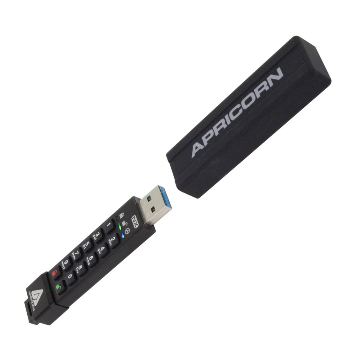 Un'unità USB nera con un tastierino. L'unità è etichettata 'Apricorn' e ha un cappuccio staccato.