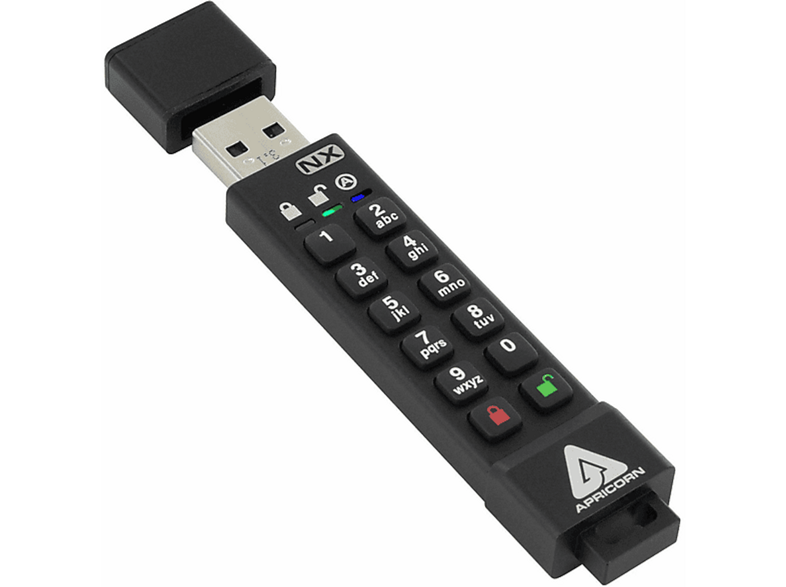 Un'unità USB crittografata Apricorn nera con tastierino numerico.