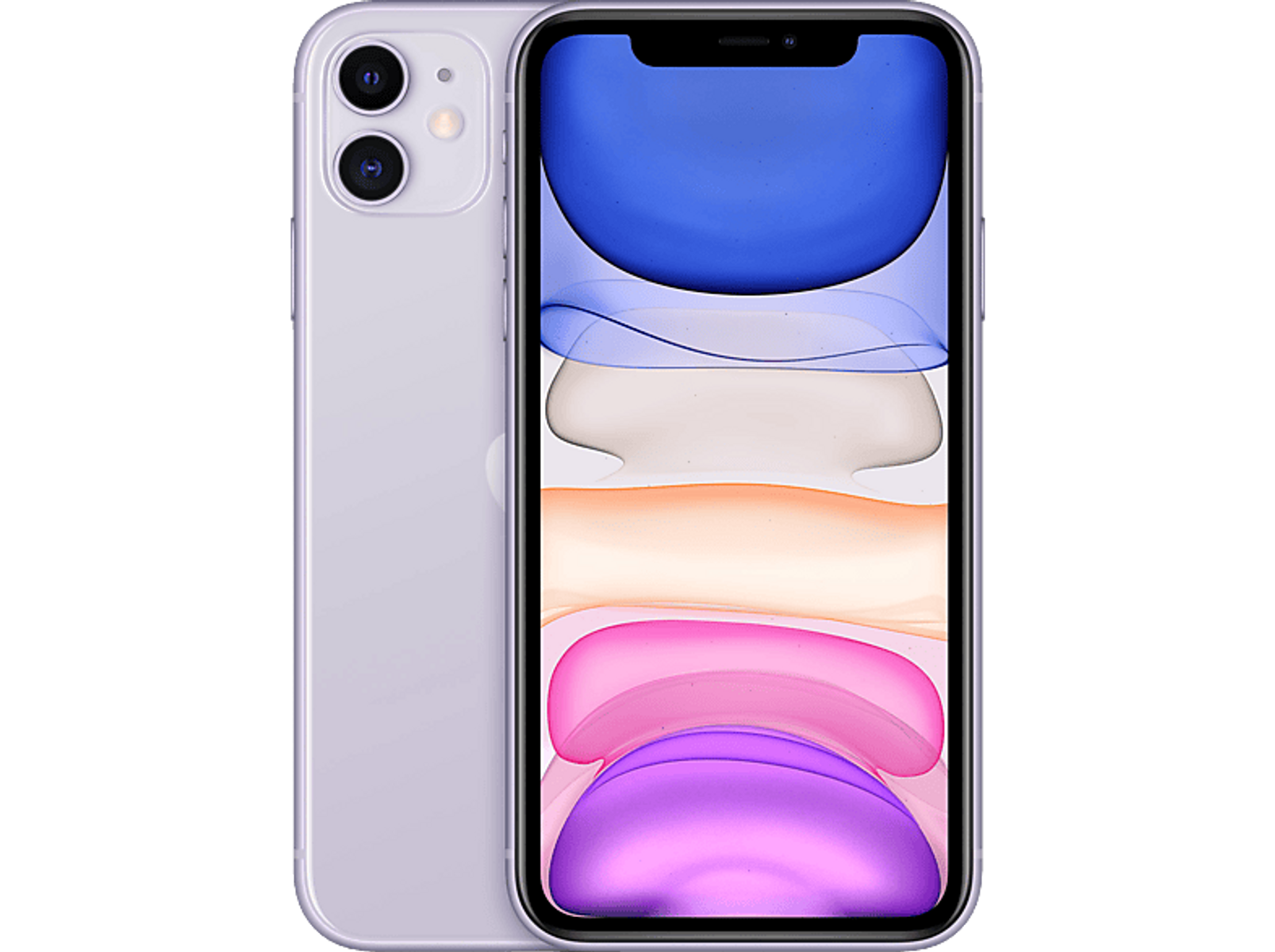 Dwa iPhone'y na czarnym tle. Jeden pokazuje tył, a drugi przód.