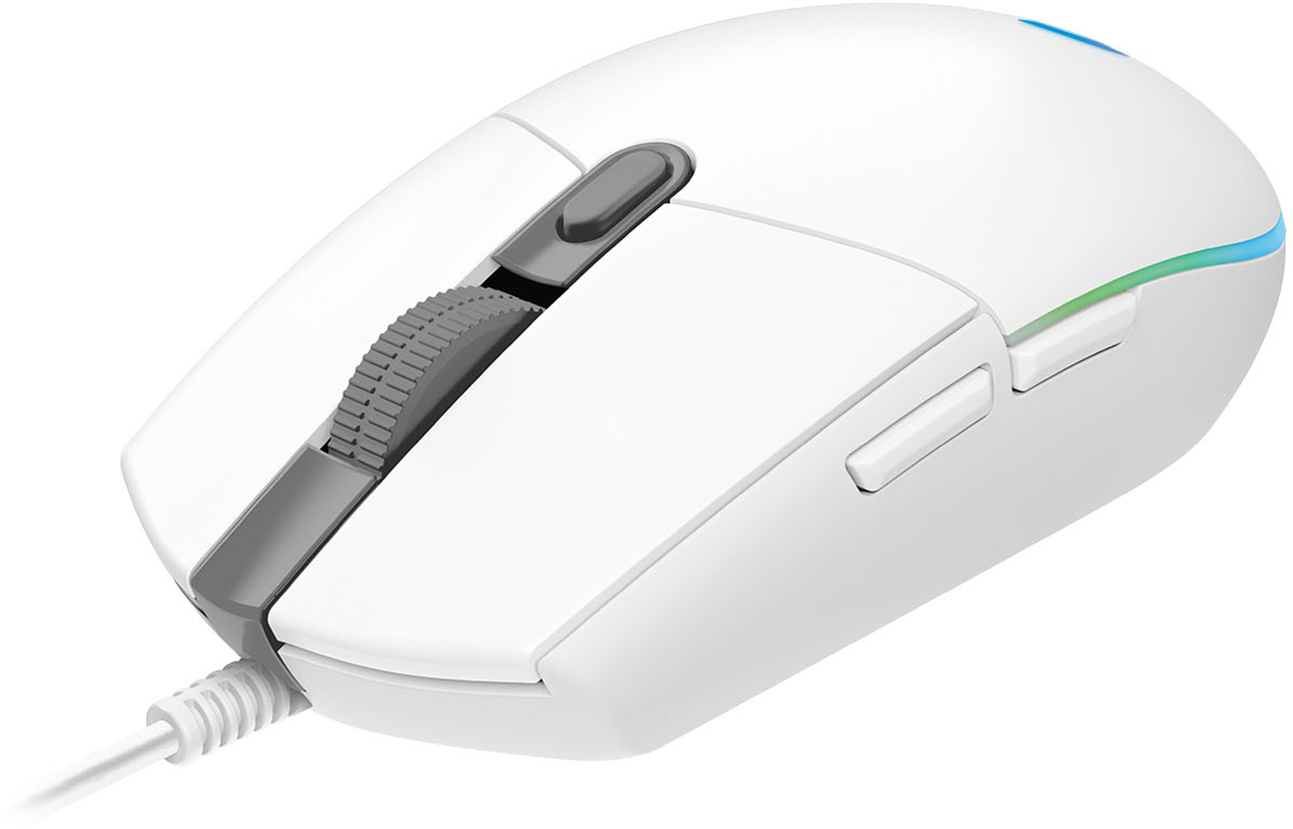 White gaming mouse with a scroll wheel and side buttons. It has a cord.