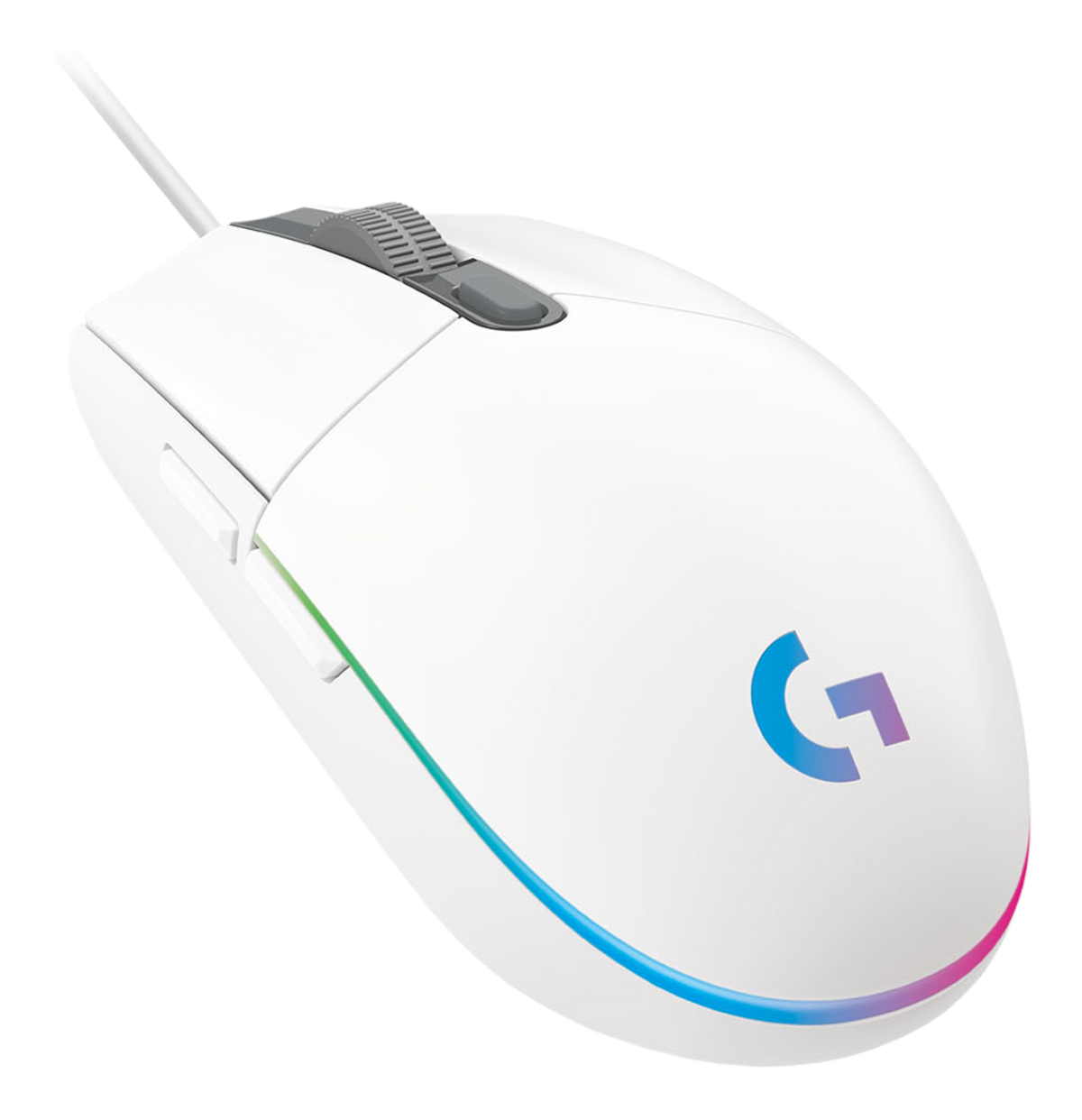 A white gaming mouse with a colorful light strip, a gray scroll wheel, and the Logitech logo.