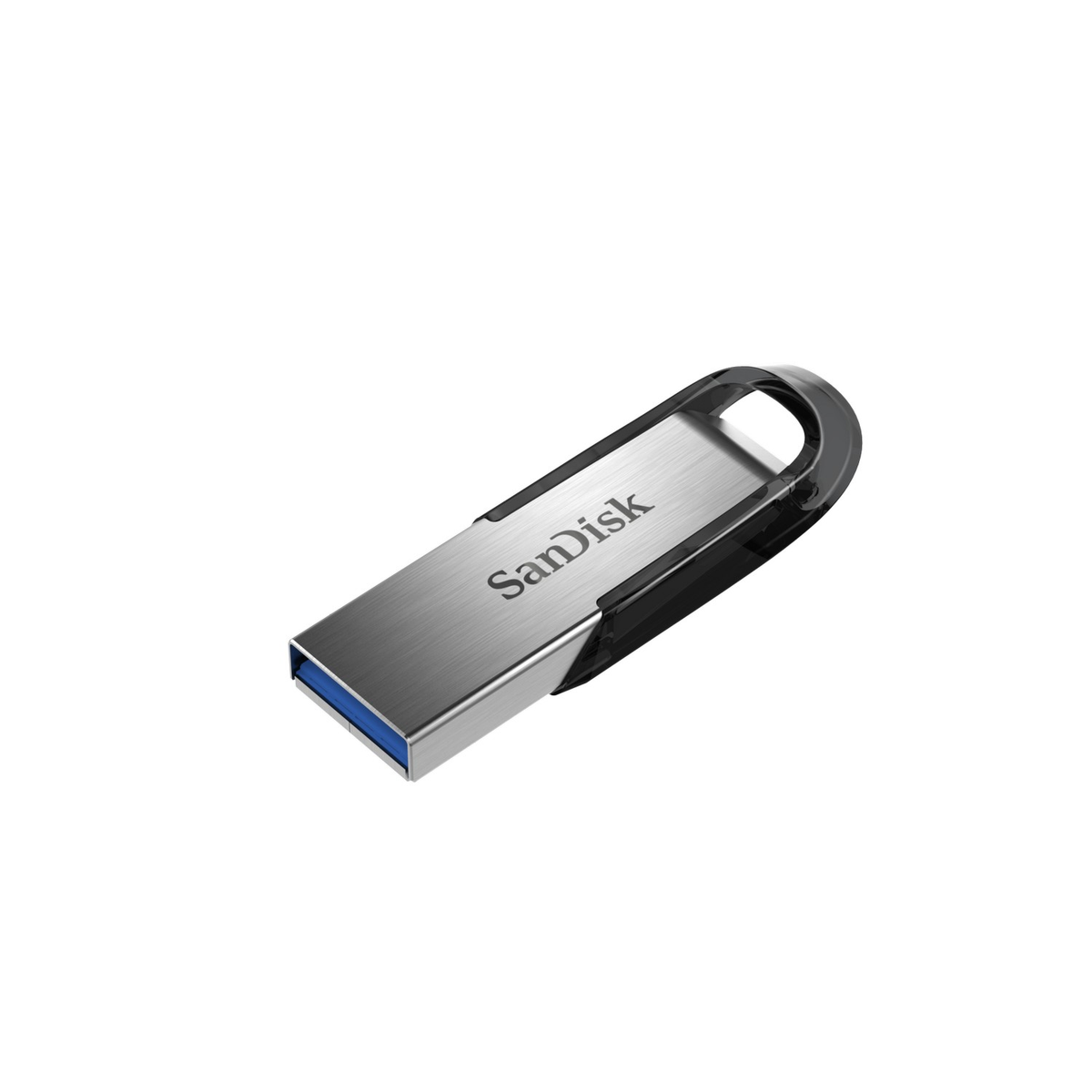 Memoria USB plateada y negra sobre fondo blanco. Se ve la marca 'SanDisk'.