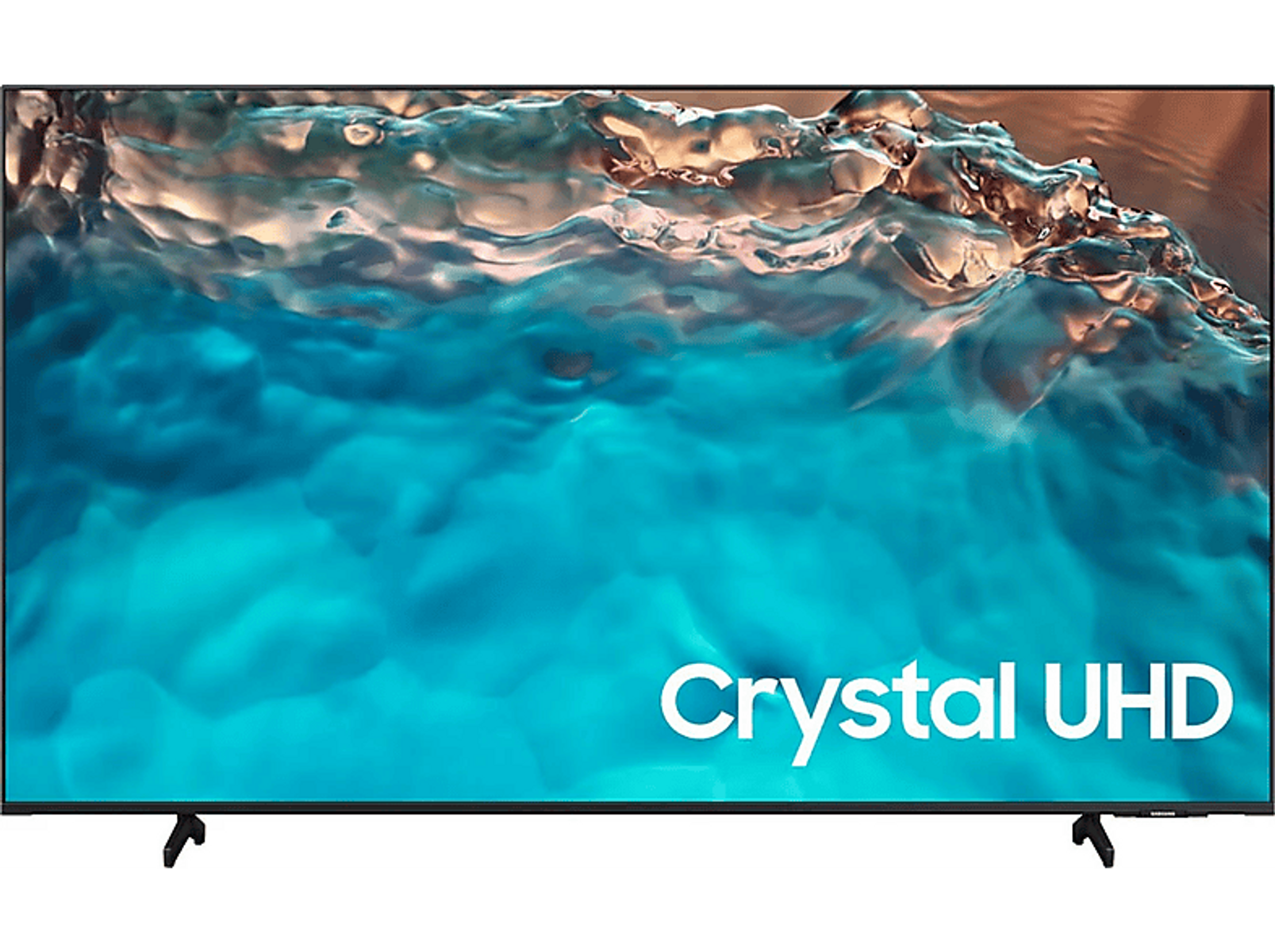 Telewizor z dużym ekranem wyświetlający niebieski i biały abstrakcyjny wzór przypominający wodę.