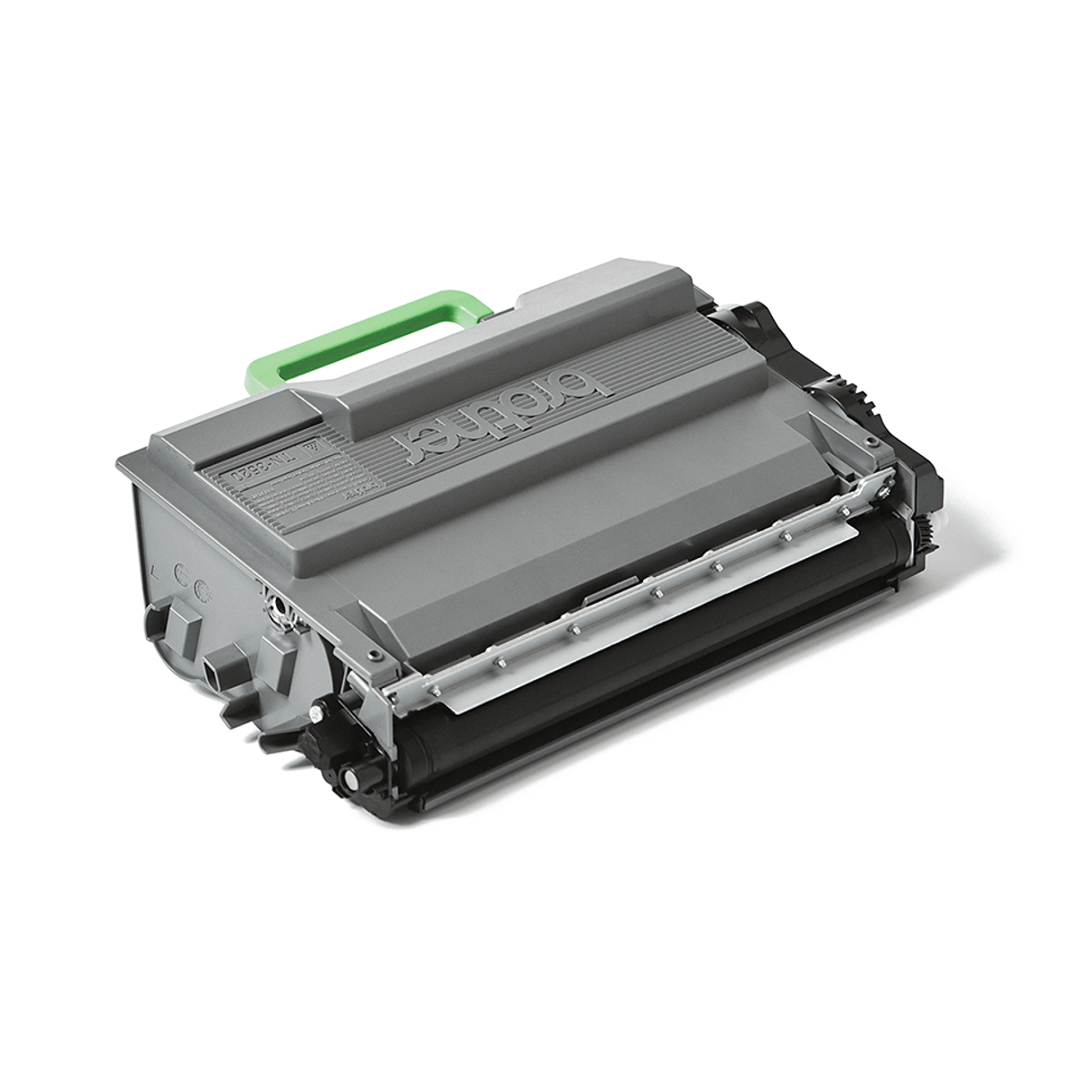 Cartuccia toner grigia. Maniglia verde. Dettagli in bianco e nero, sfondo bianco.