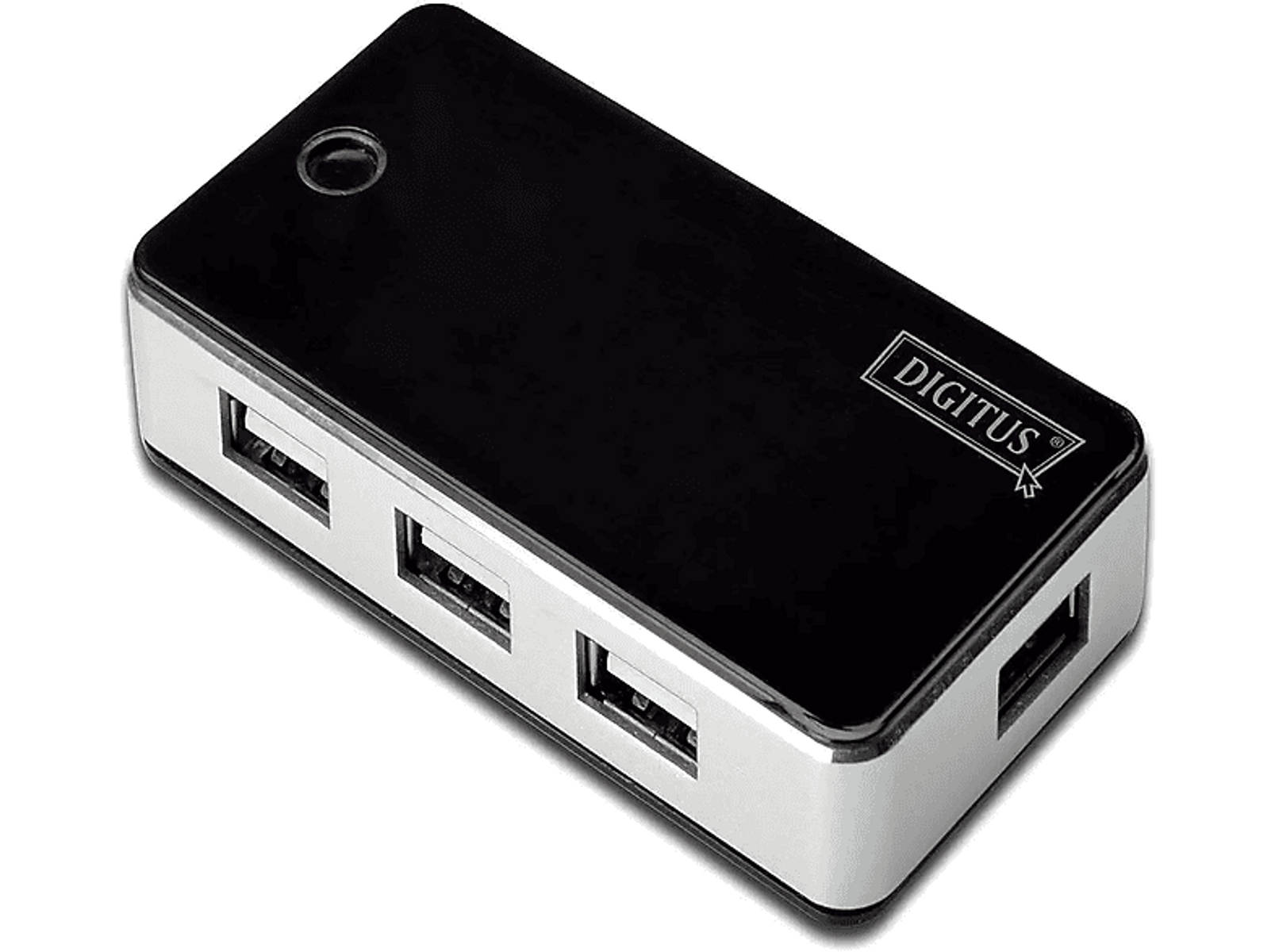 Schwarzer USB-Hub mit vier Anschlüssen, silbernen Kanten und Digitus-Logo.