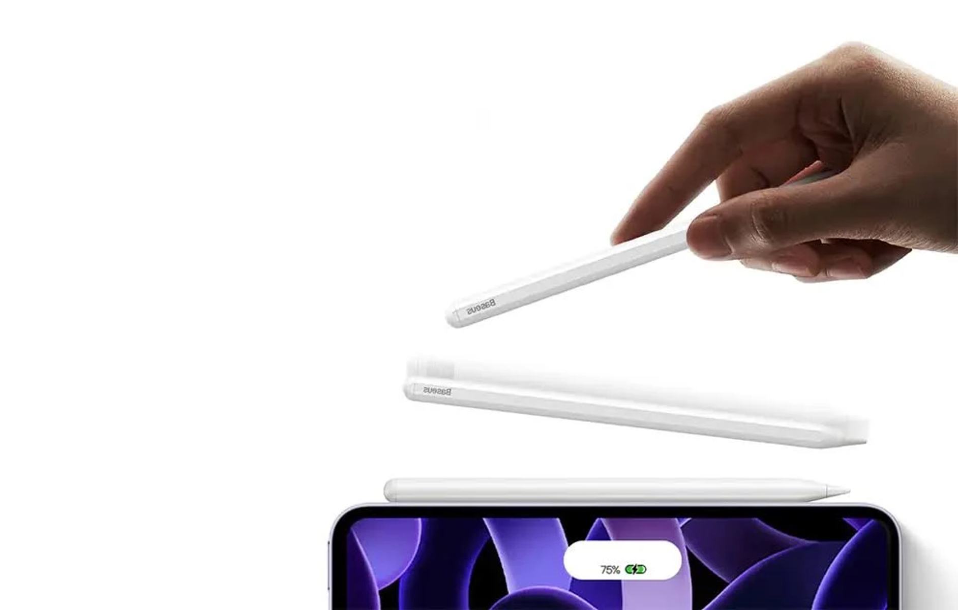 Hand hält weißen Stift über drei anderen und einem Tablet. Tablet zeigt 75% Akku.