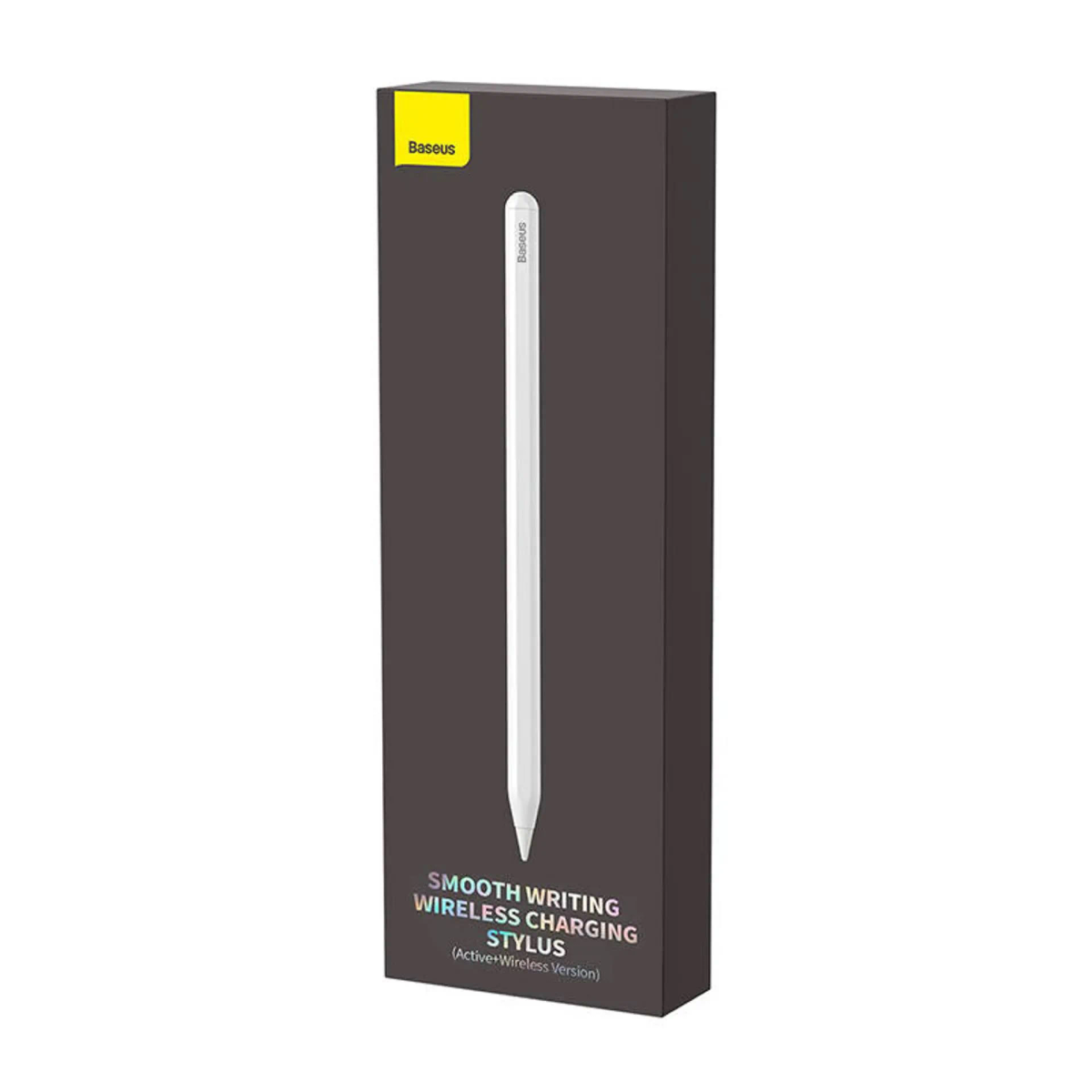 Stift auf schwarzer Schachtel. Die Box hat weißen Text und ein Baseus-Logo.
